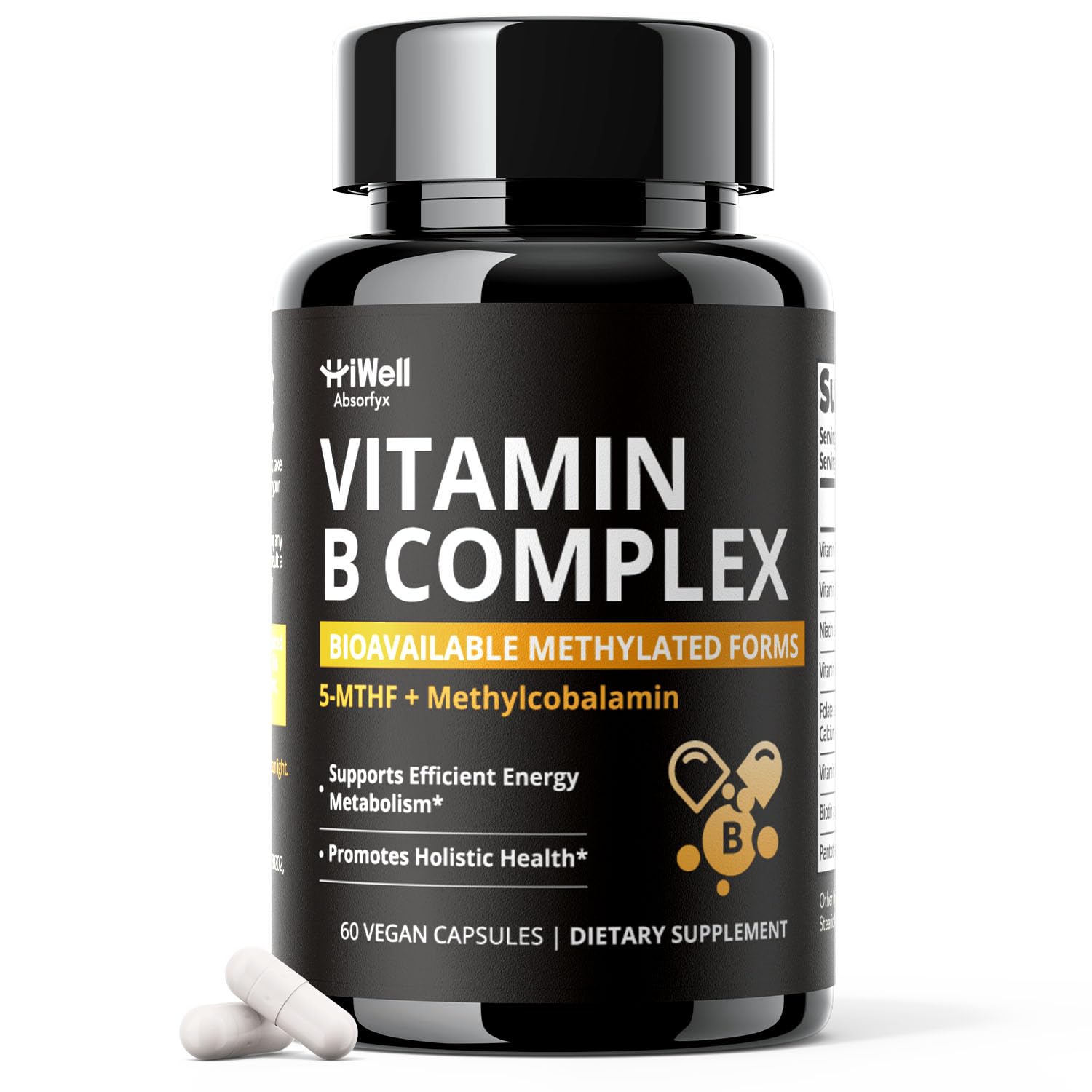 HiWell Absorfyx Methylated Vitamin B Complex with Methylfolate & Methyl B12, High Absorption Active Forms for Energy, Brain Health & Mood Support, 60 Capsules