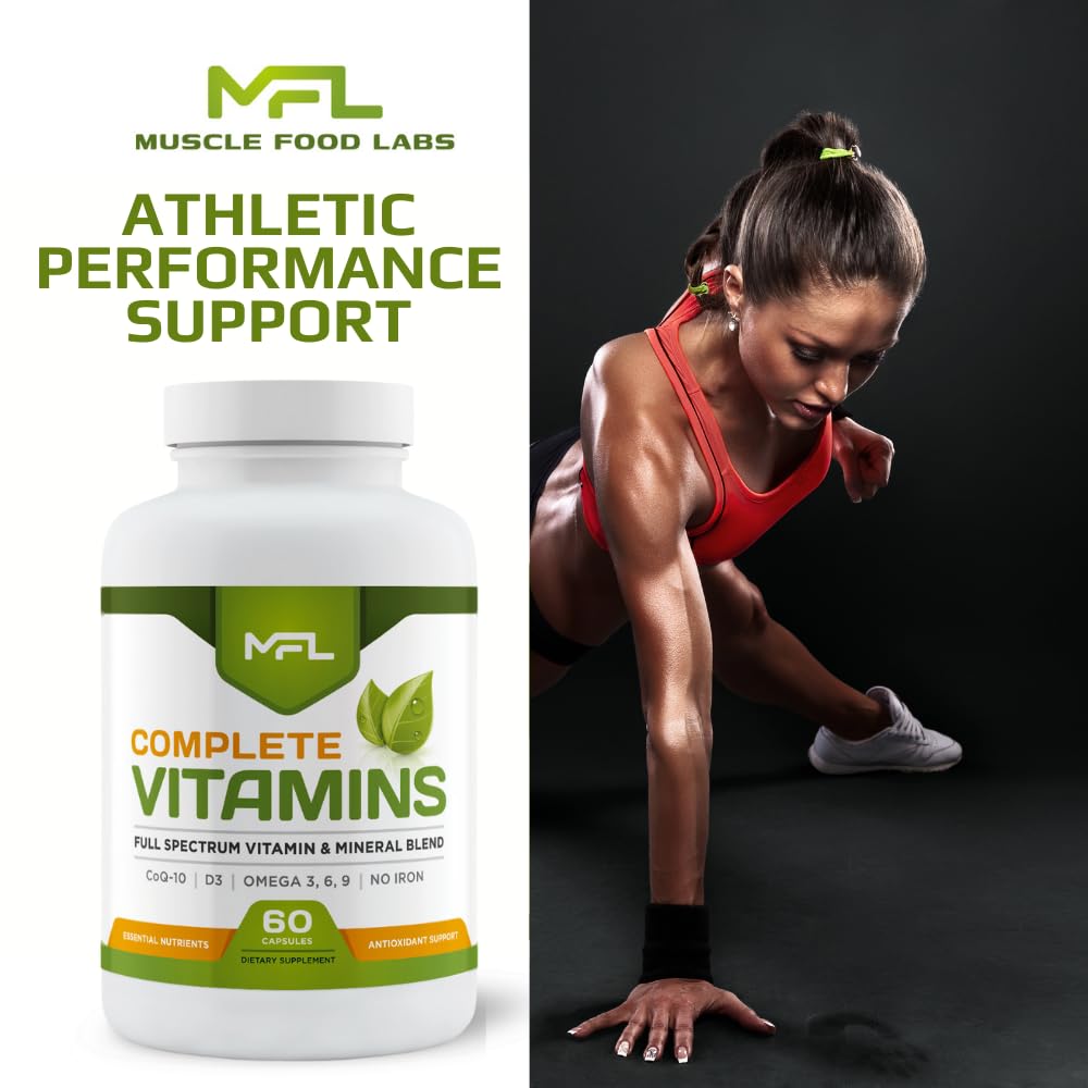 MUSCLE FOOD LABS Complete Vitamins | MULTIVITAMIN & Minerals | Omega 3.6.9 | COQ-10 | D3 | NO Iron, 60 Capsules