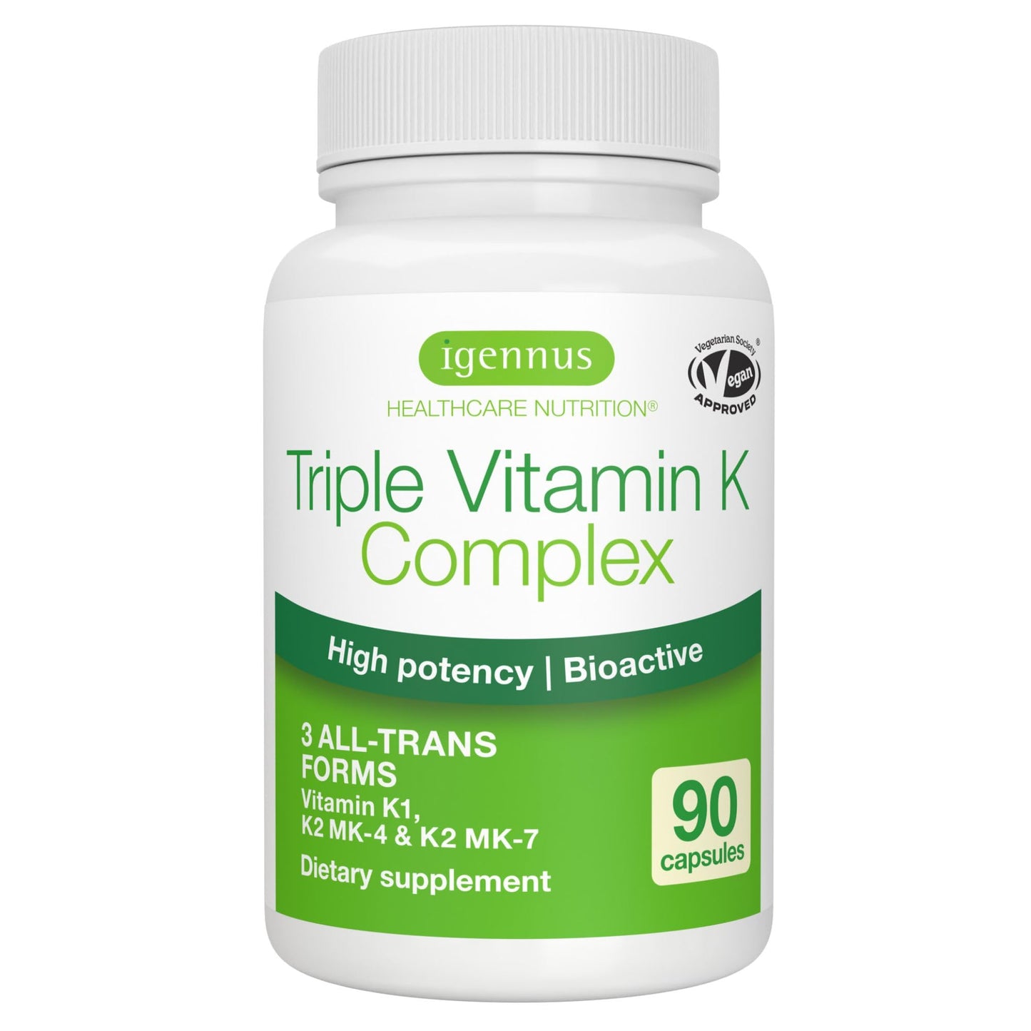 Igennus Healthcare Nutrition High Potency Vitamin K Complex, K1 & K2 (MK-4 & MK-7), 90 Capsules