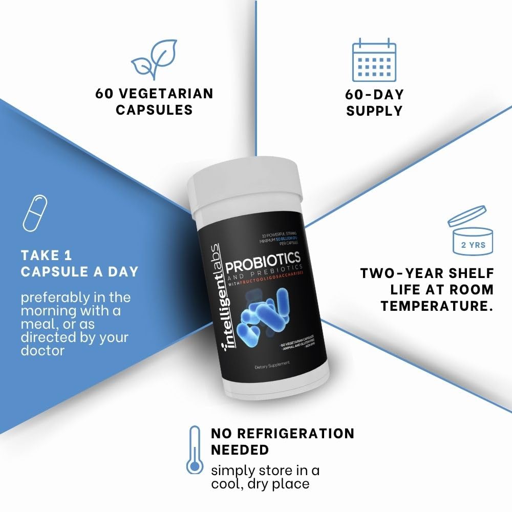 Intelligent Labs Adult Probiotics & Prebiotics 50B CFU for Gut Health Capsule 60 Count