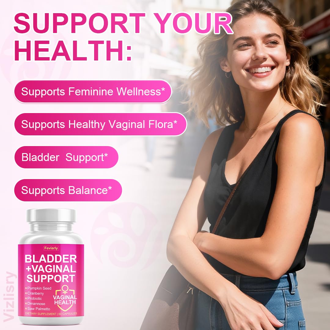 Feviarly Bladder Control Supplement for Women, Daily Urinary & Vaginal Support with Cranberry, Pumpkin Seeds, Probiotics, D-mannose, Saw Palmetto 60 Capsules