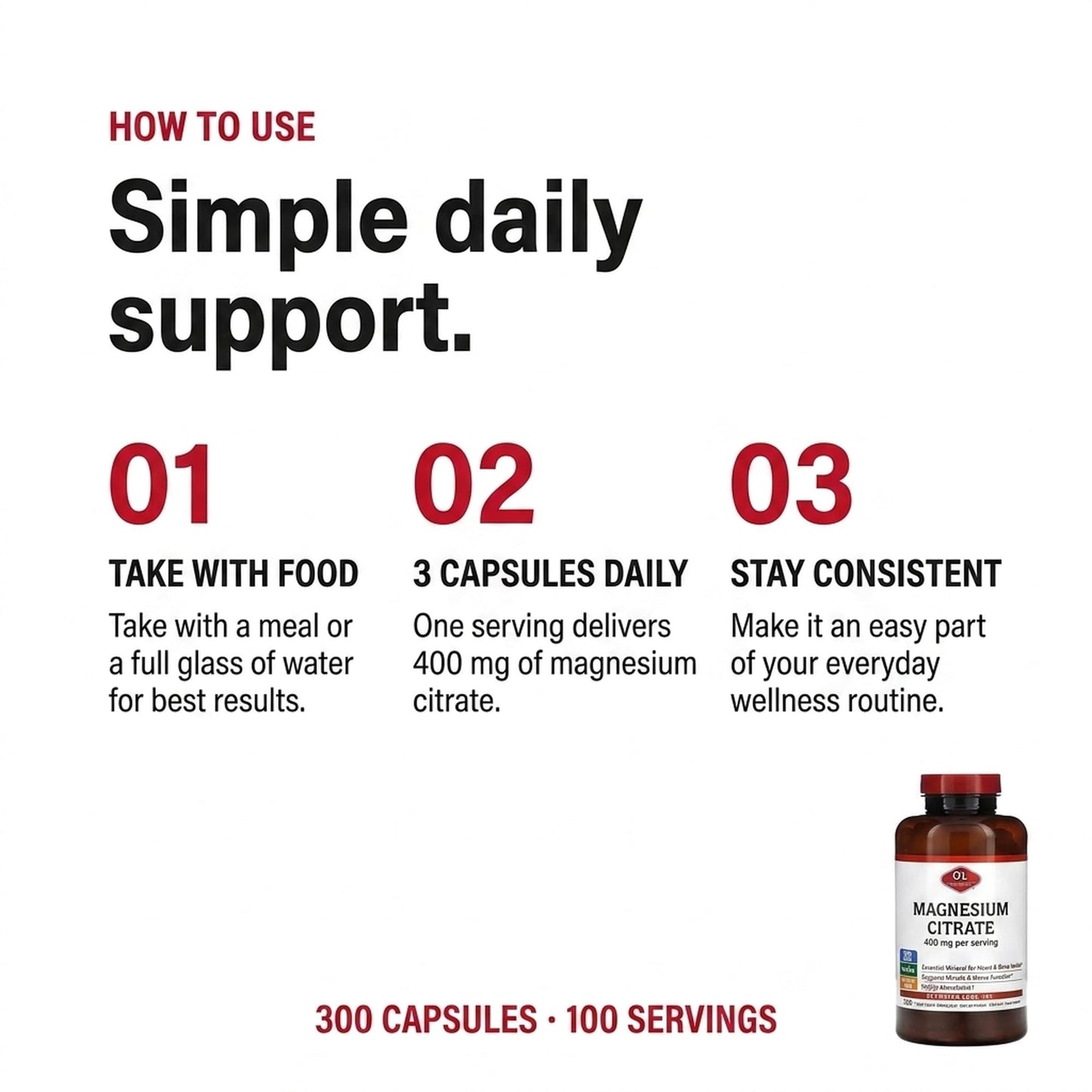 Olympian Labs Magnesium Citrate 400mg Capsules, 300 Count