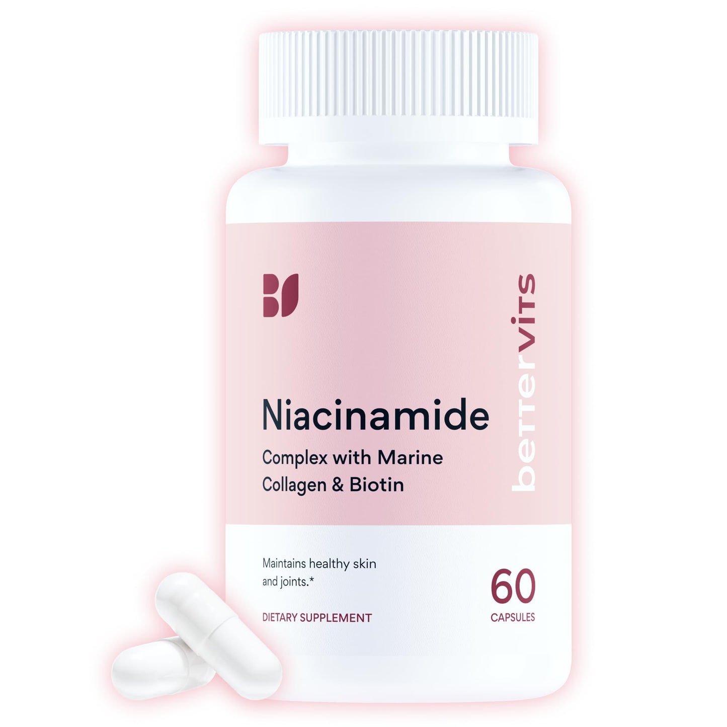 Bettervits Niacinamide Vitamin B3 Capsule 300 mg with Marine Collagen & Hyaluronic Acid, High-Strength B3 Capsules with Turmeric, 60 Capsules