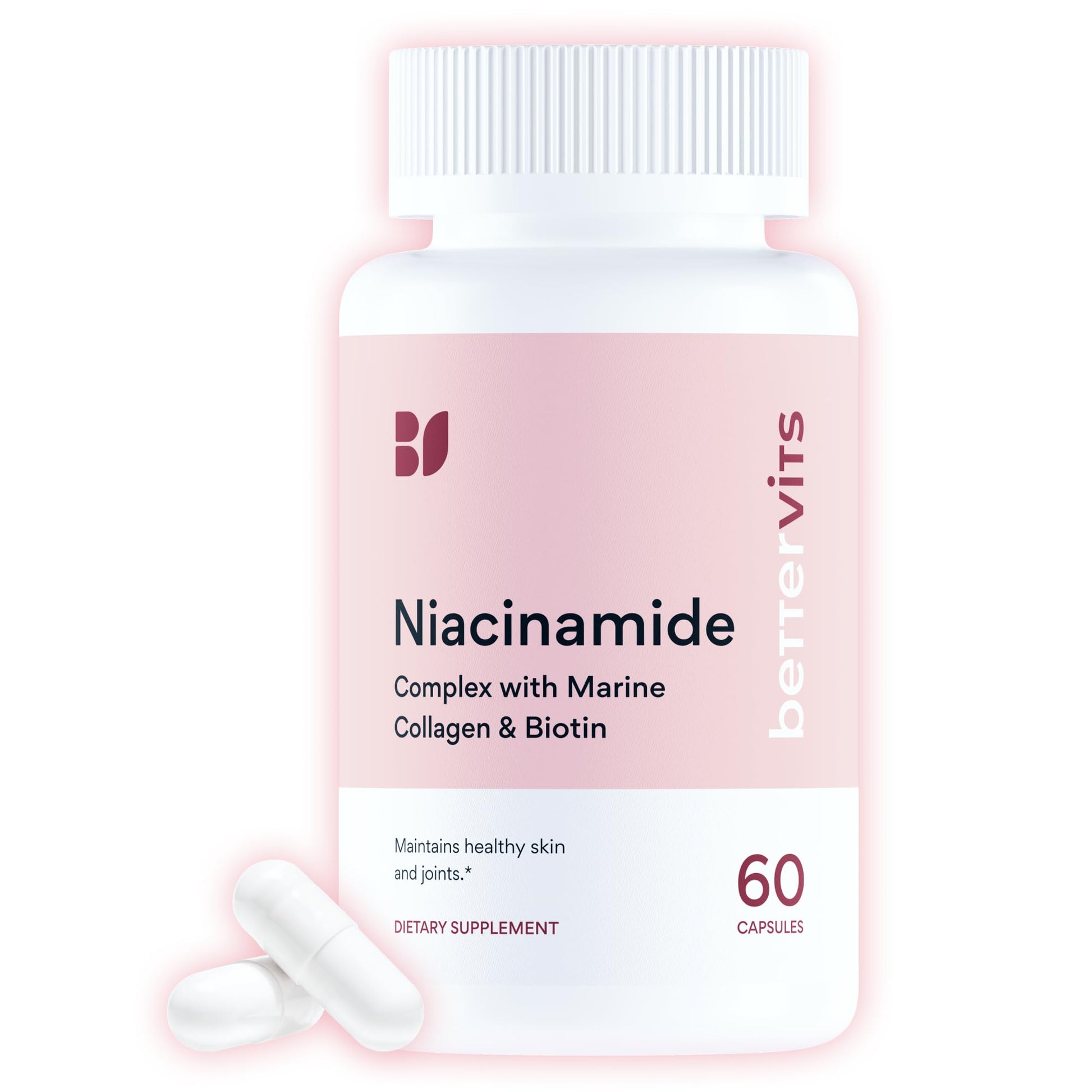 Bettervits Niacinamide Vitamin B3 Capsule 300 mg with Marine Collagen & Hyaluronic Acid, High-Strength B3 Capsules with Turmeric, 60 Capsules