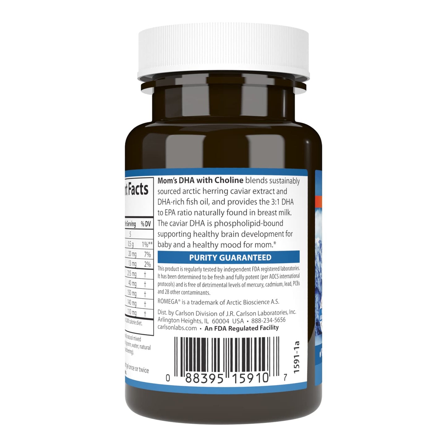 Carlson Mom's DHA with Choline, 3:1 DHA to EPA Ratio Found in Breastmilk, Growth and Development Softgels, 60