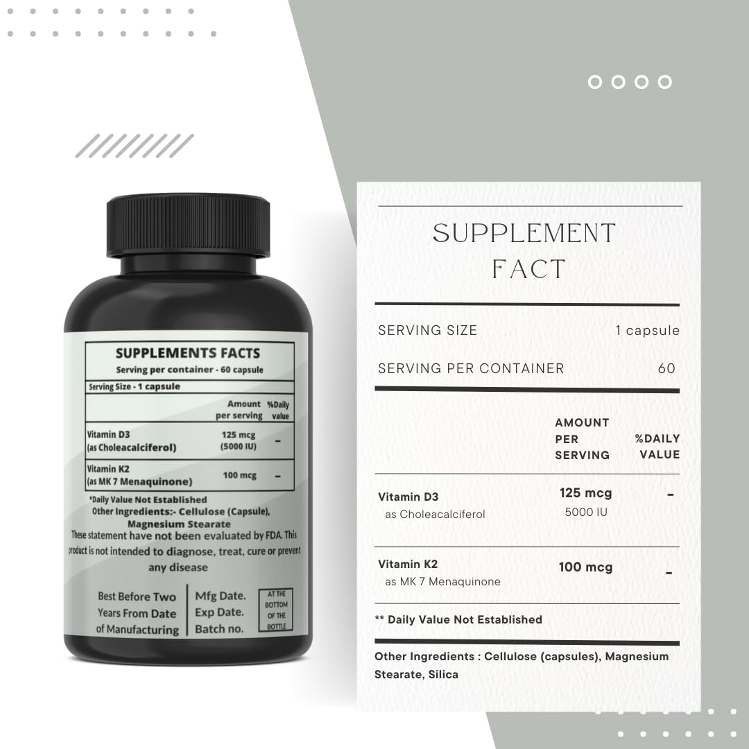Heroot Vitamin K2 (MK-7) with D3 Extra Strength Supplement Non-GMO Formula 5000IU (125 mcg) Vitamin D3 & 90 mcg Vitamin K2 MK-7 Easy to Swallow Vitamin D & K Complex, 60 Capsules
