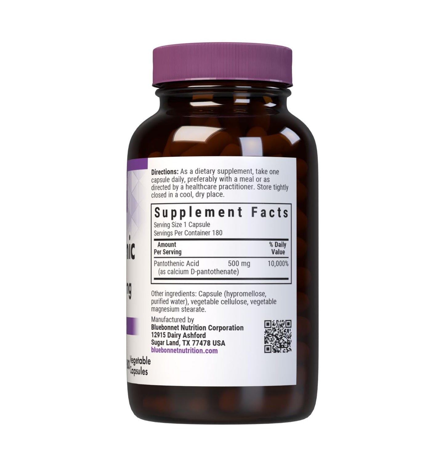 BlueBonnet Pantothenic Acid 500 mg Vegetable Capsules, 180 Count