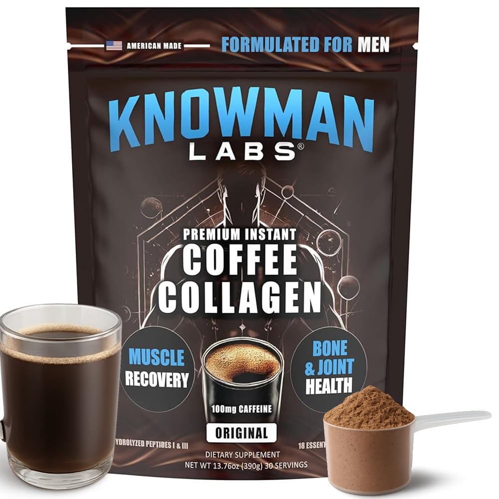 Knowman Labs Premium Collagen for Men – Coffee-Infused, Bone & Joint Support, Powder, 10.6 oz