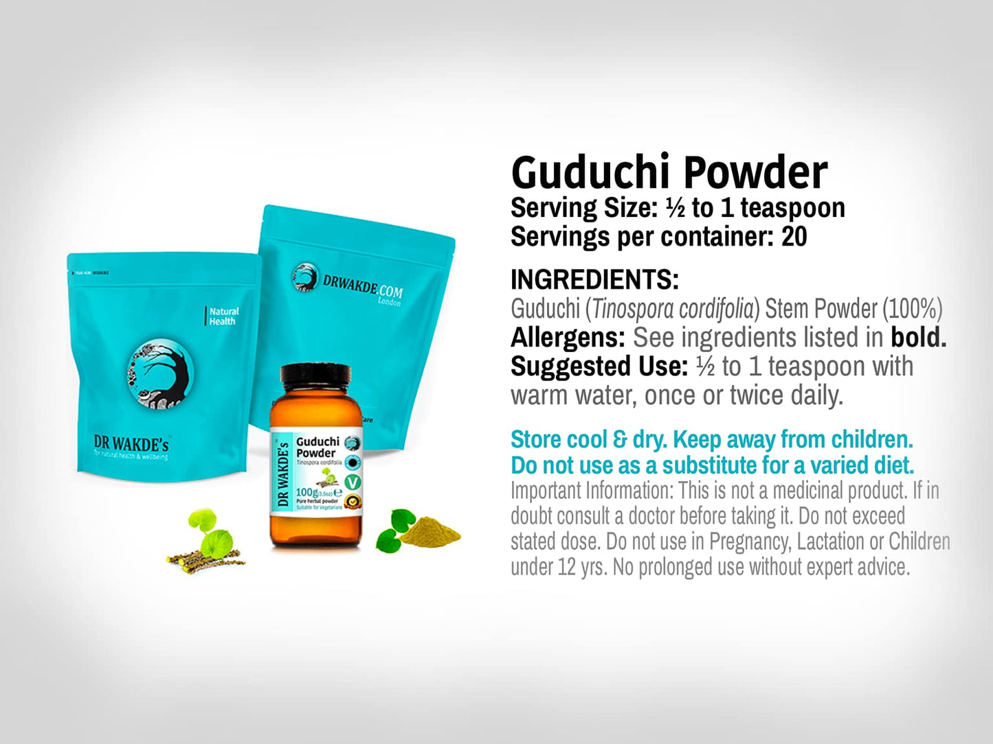 DR WAKDE'S Guduchi Powder (Giloy, Tinospora cordifolia) 17.637 oz
