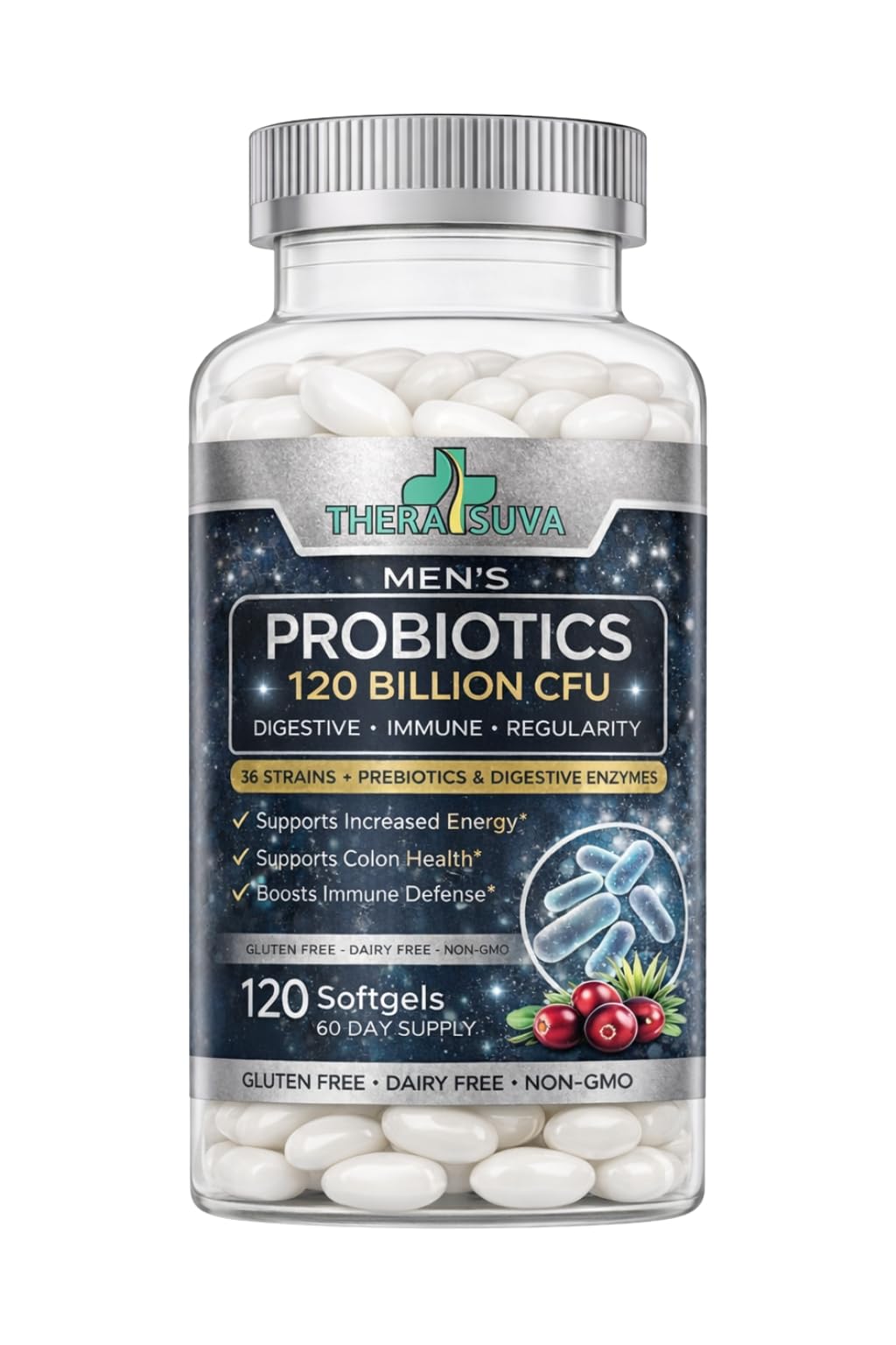 TheraSuva Men's Advanced Probiotics 120 Billion CFU - 36 Strains + Prebiotics, Enzymes & Veggie Blend for Gut, Immune & Colon Health, 120 Softgels