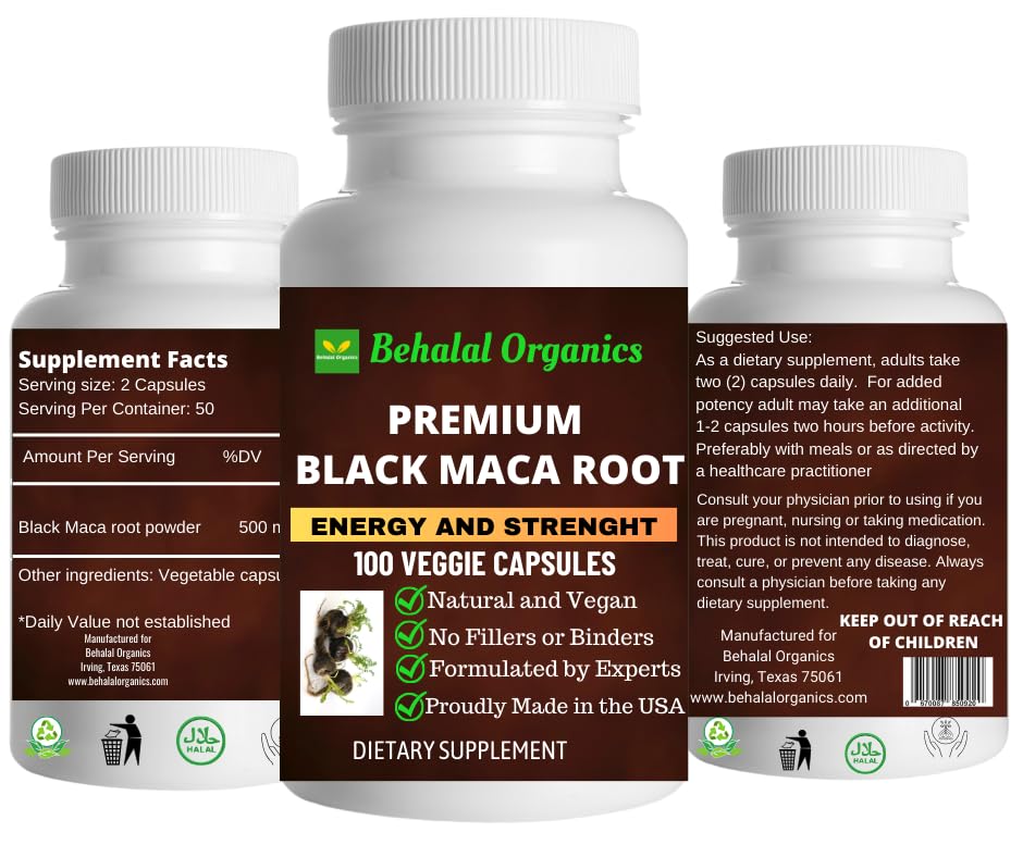 Behalal Organics Black Maca Root Quick Release Capsules, 100 Capsules