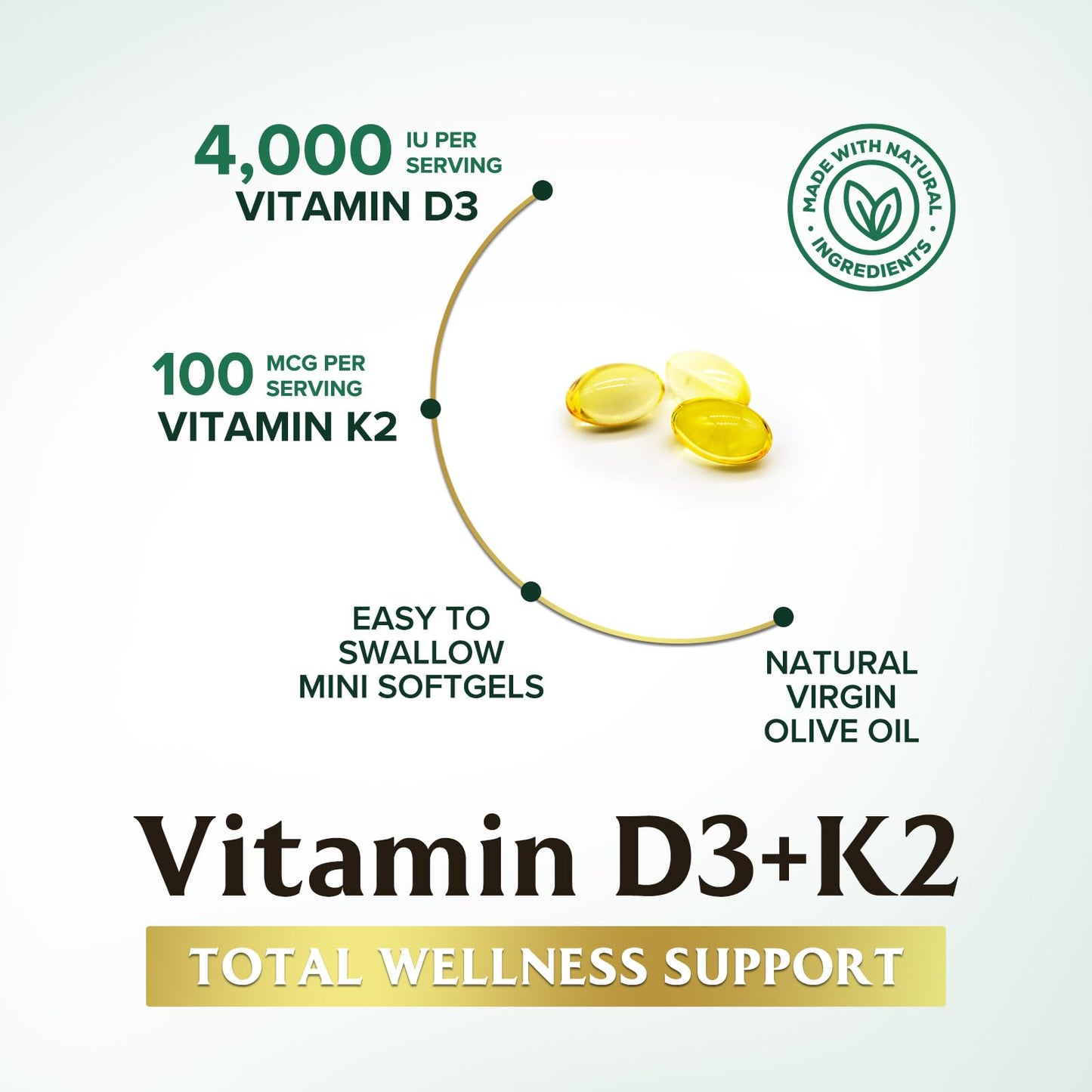 Nature's Nutrition Vitamin D3 & K2 Softgels 4000 IU (100 mcg) per Serving, 2-in-1 for Bone, Heart & Muscle Support, Immune Support & Calcium Absorption with Olive Oil, Non-GMO USA Bottled, 240 Softgels