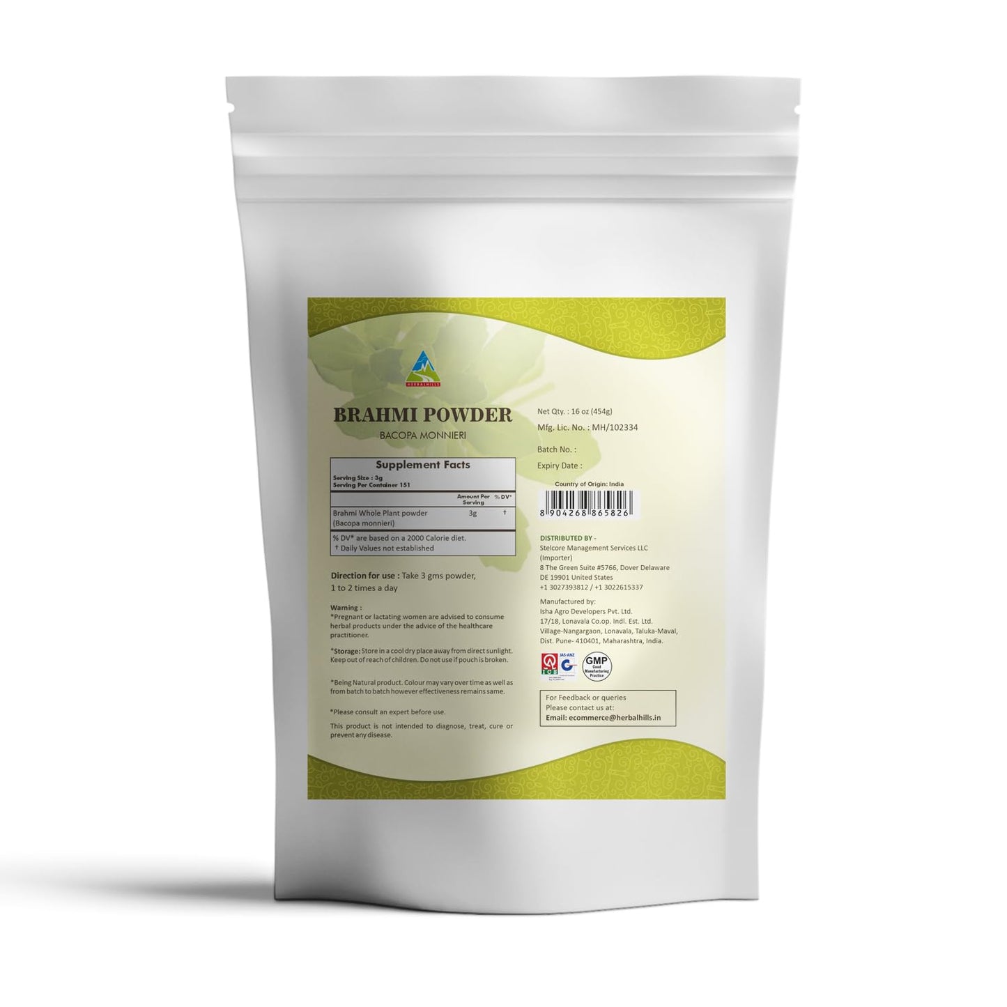 HERBAL HILLS Brahmi Powder Bacopa Monnieri, Powder, 16.01 Ounce Pack of 1