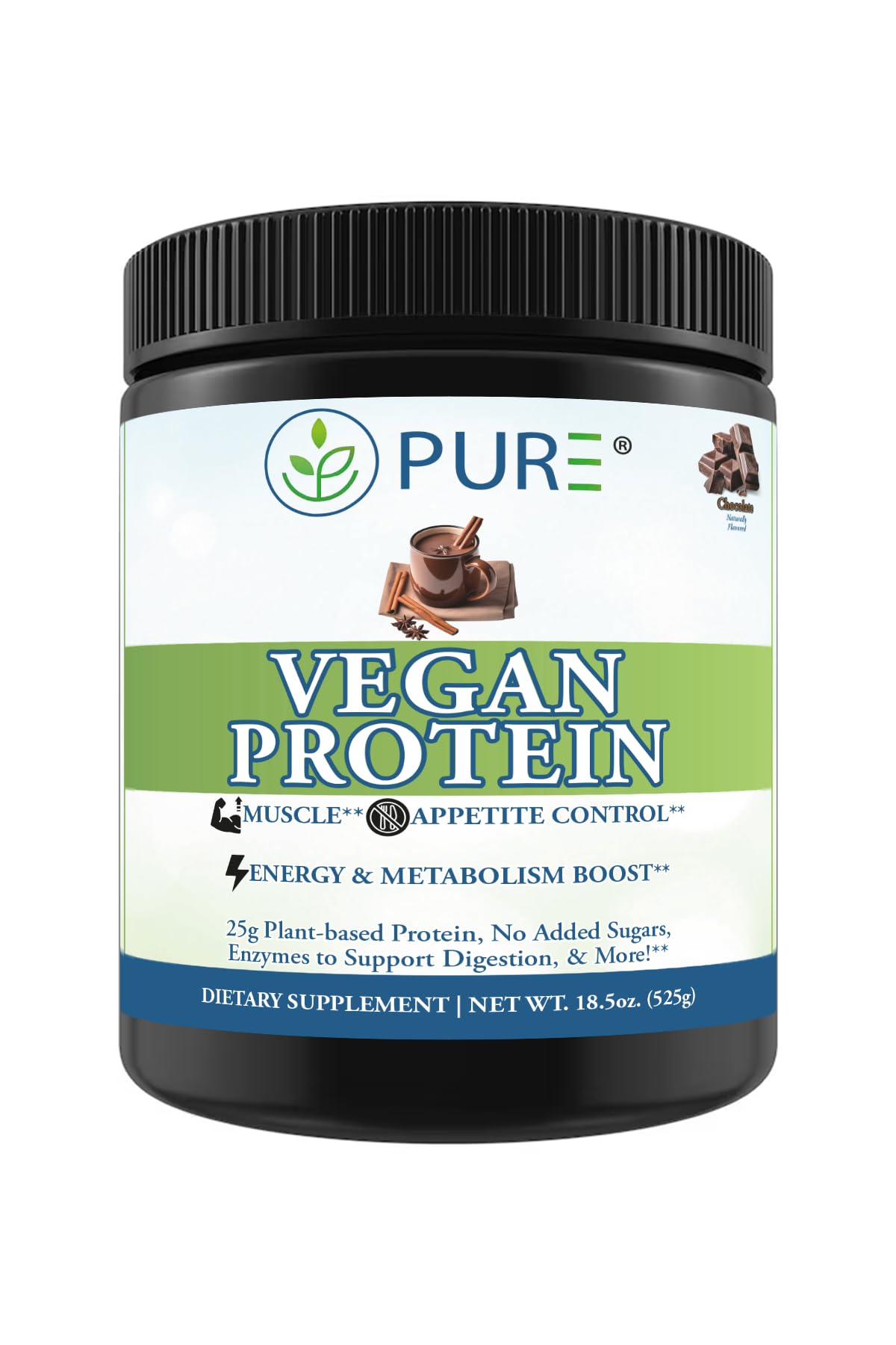 PURE Vegan Protein Powder 15 Servings Chocolate 525 g