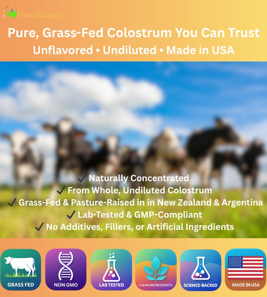 PrimoNourish Grass-Fed, Pasture-Raised Pure Bovine Colostrum Powder for Immune & Gut Support, Energy & Recovery, 8.4 oz