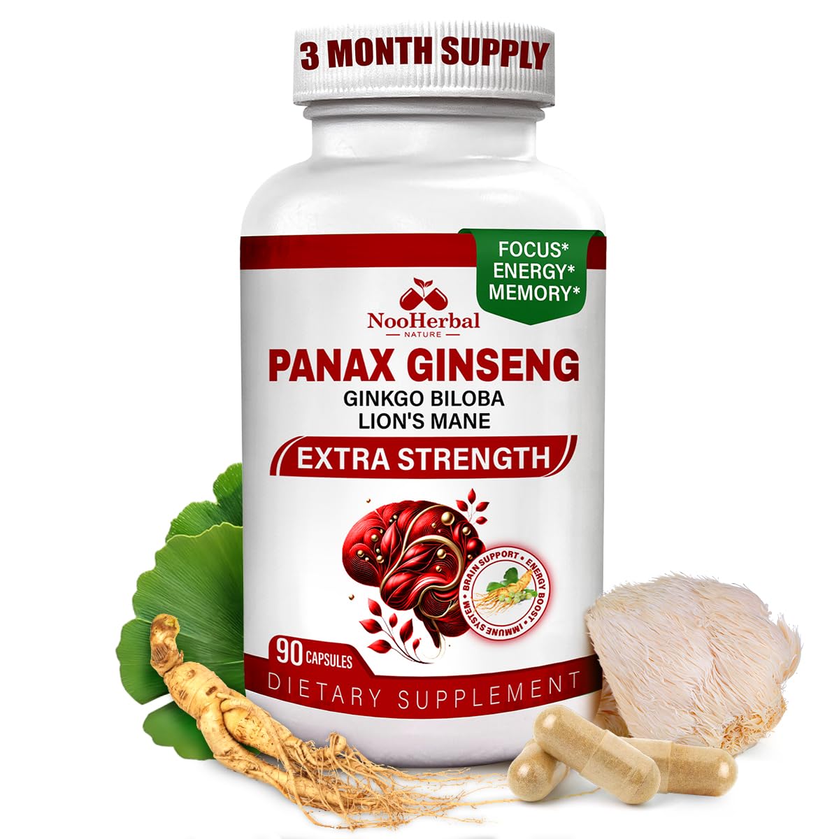 NooHerbal Nature Panax Ginseng (10% Ginsenosides), Ginkgo Biloba & Lions Mane - 750mg Nootropic Brain Support, 90 Capsules