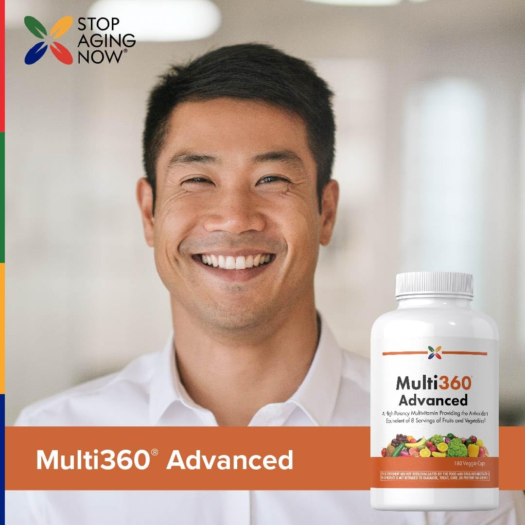 Stop Aging Now Multi360 Multivitamin for Women & Men with Zinc, Biotin, Vitamin C, D3 & B12 Daily Antioxidant Complex, 180 Veggie Capsules