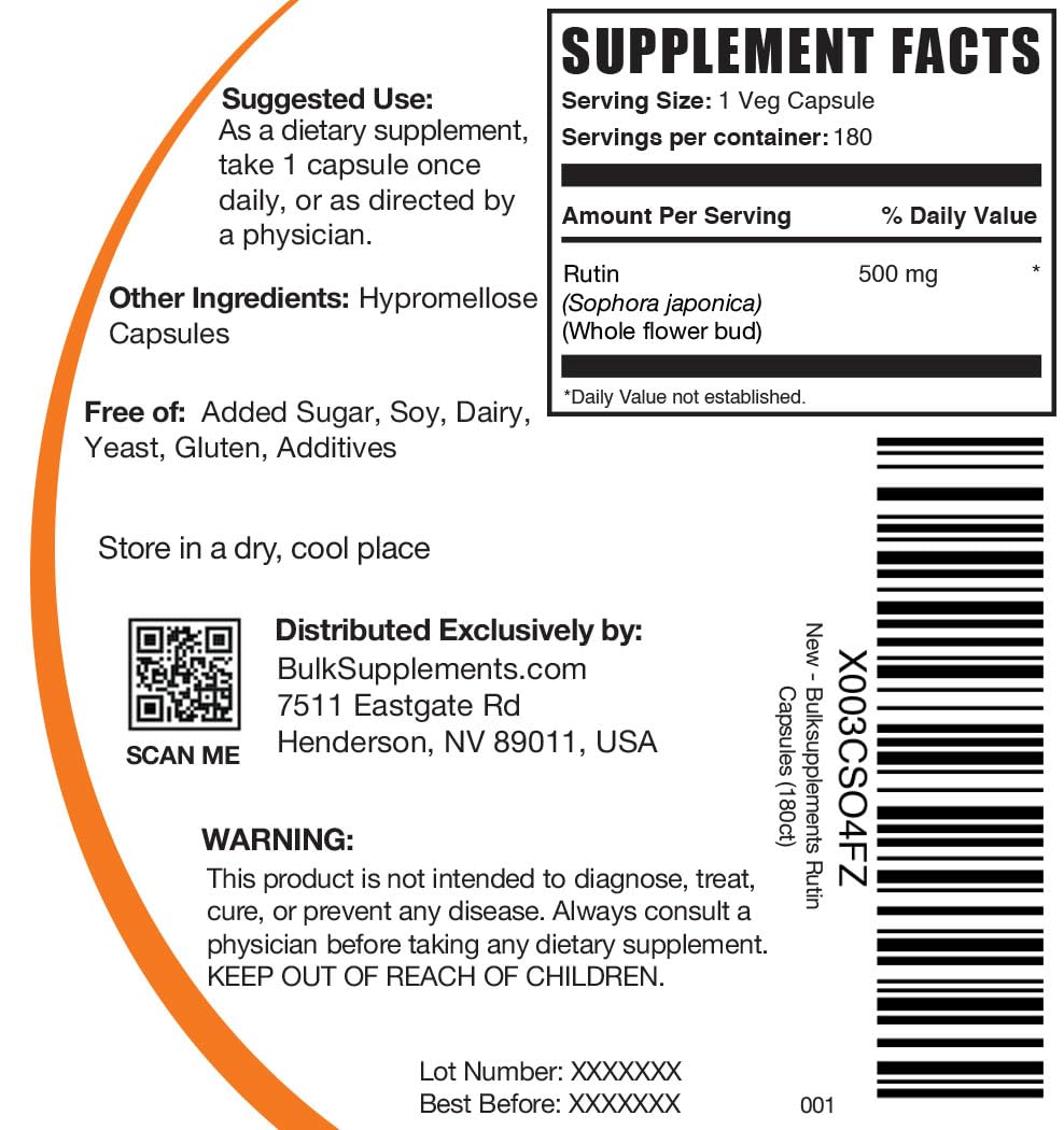 BulkSupplements Rutin 500mg Capsules, 180 Veg Capsules