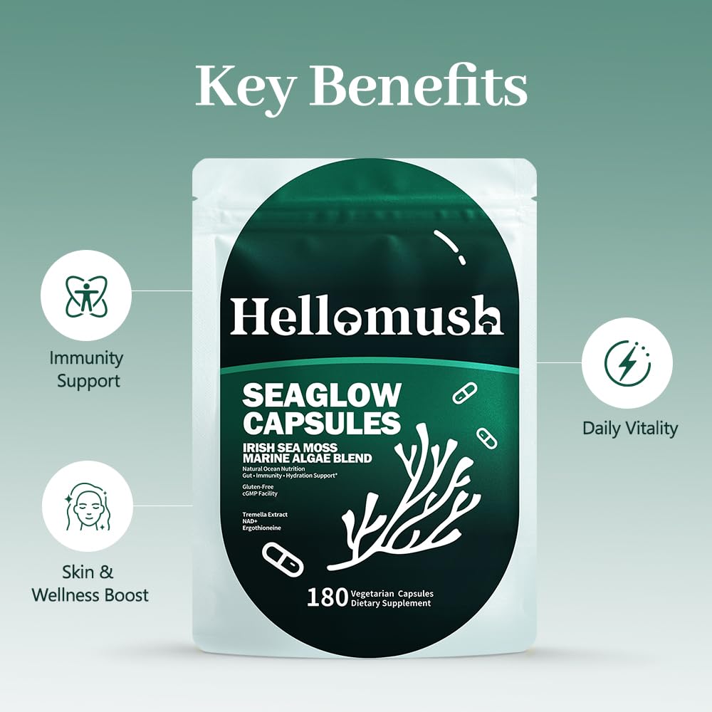 Hellomush Organic Sea Moss Capsules with Reishi & Tremella 10:1 Extract, Immune Support, 180 Capsules