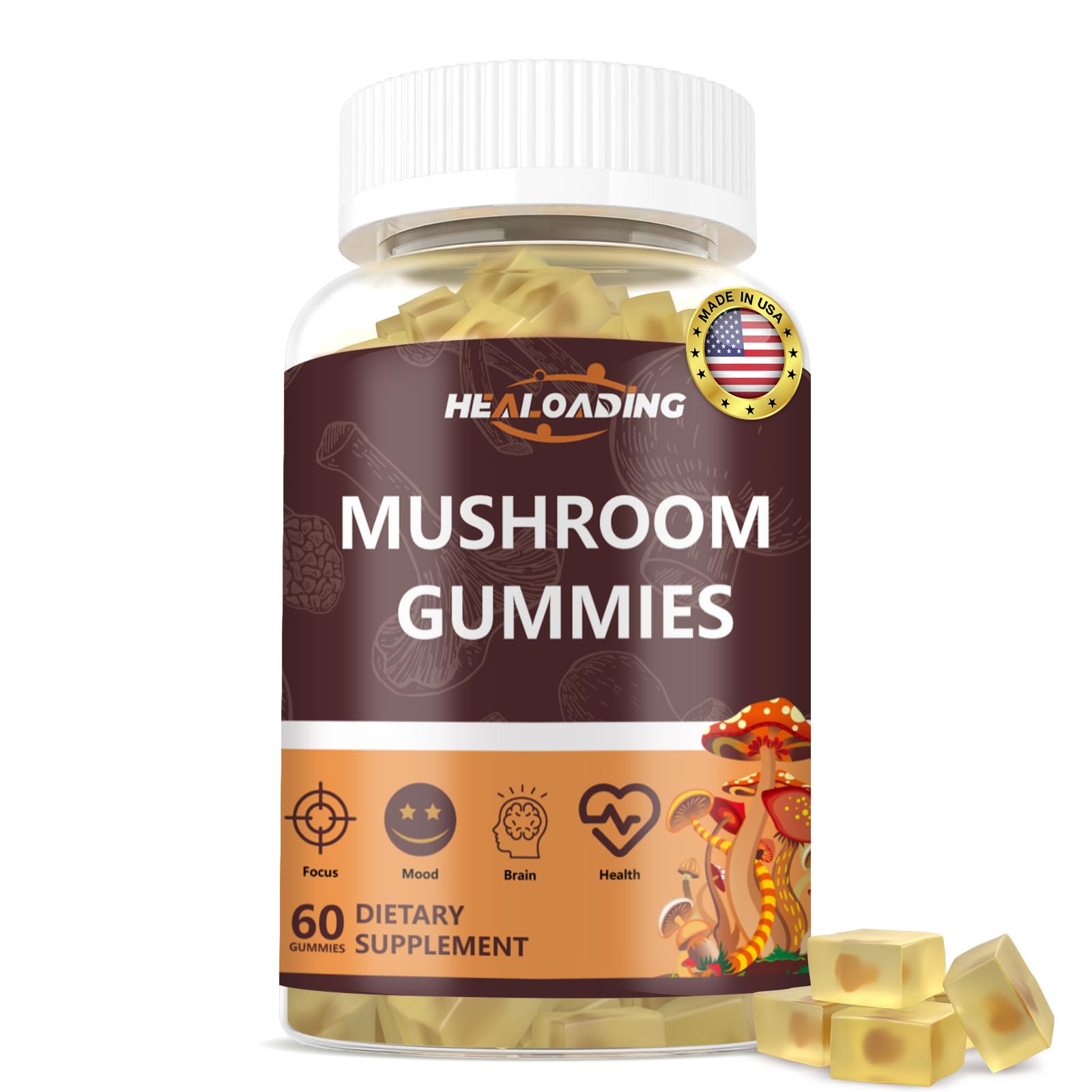 HEALOADING Mushroom Gummies with 10 Functional Mushrooms (Lion's Mane, Reishi, Chaga, Cordyceps & More) for Focus & Energy - Vegan, Non-GMO, 60 Gummies