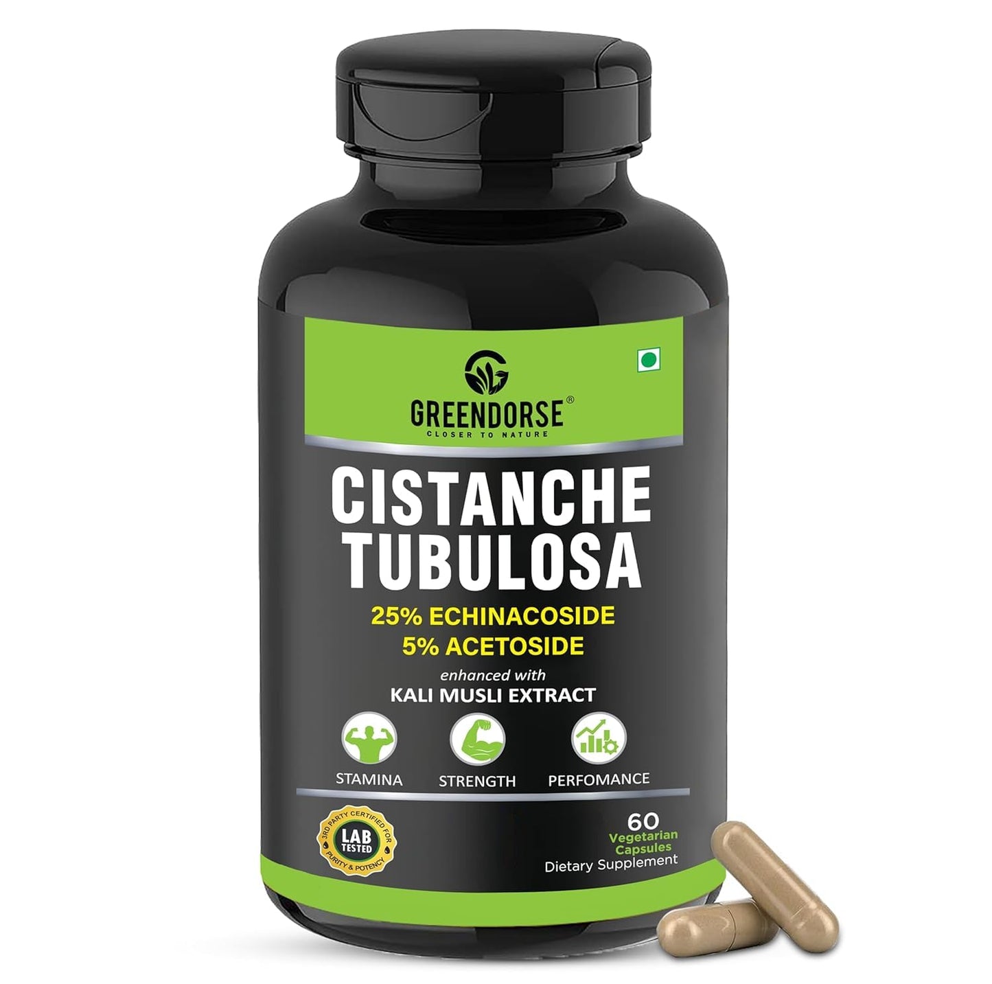 Generic Organic Cistanche Tubulosa Standardised to 25% Echinacoside, 5% Acetoside with Kali Musli Extract 1000mg, 3rd Party Tested for Strength, Performance, Vitality, 60 Veg Capsules