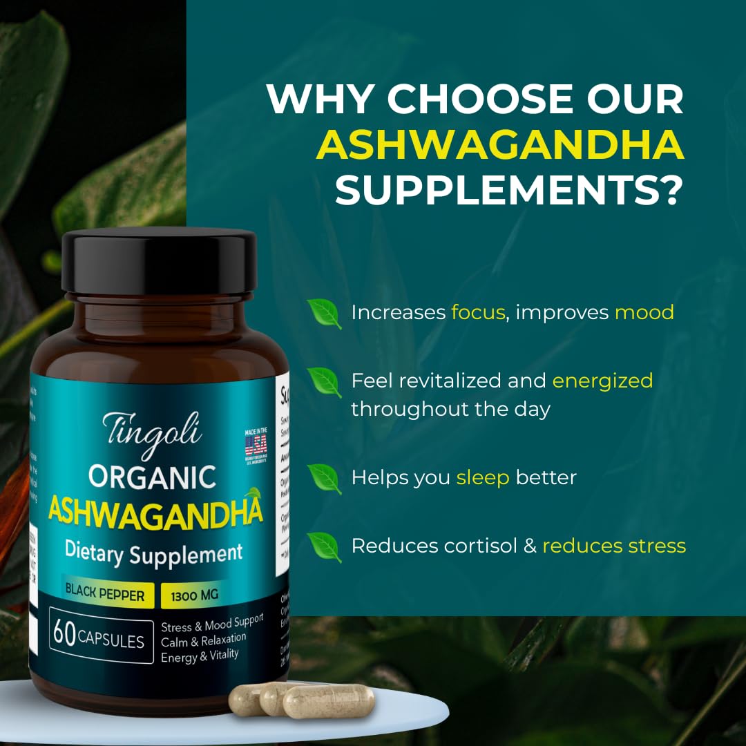 TINGOLI Organic Ashwagandha 1300mg, 60 Capsules