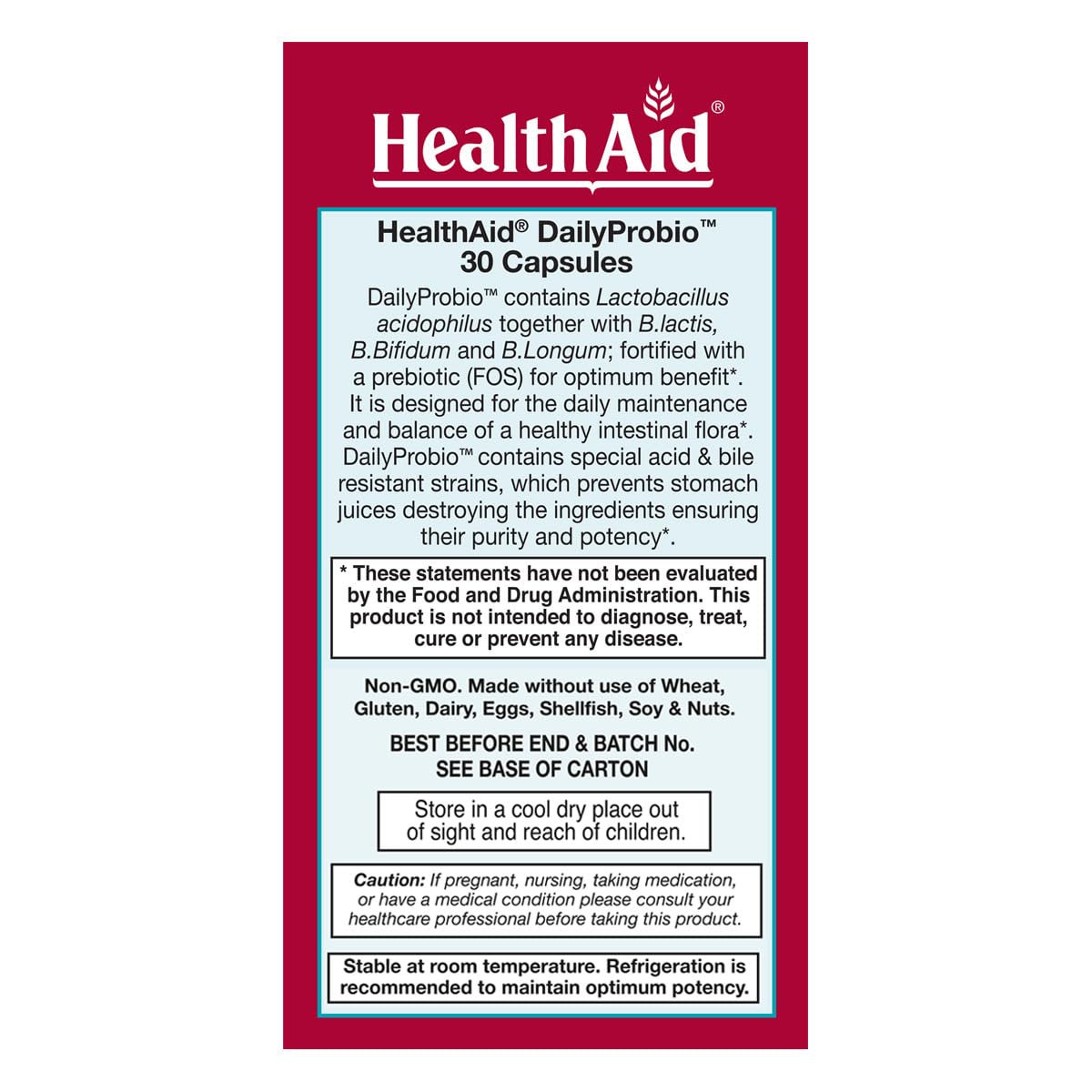 HealthAid DailyProbio Daily Probiotic for Gut Balance 10 Billion CFU with Prebiotic, 10 Strains, Once Daily, Vegan, Shelf-Stable, Non-GMO, 30 Capsules