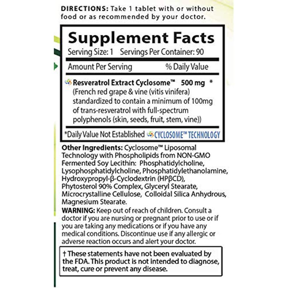 Nature's Essentials Resveratrol 500mg Full Spectrum Trans-Resveratrol Advanced Cyclosome Liposomal Delivery Tablet, 90 Tablets