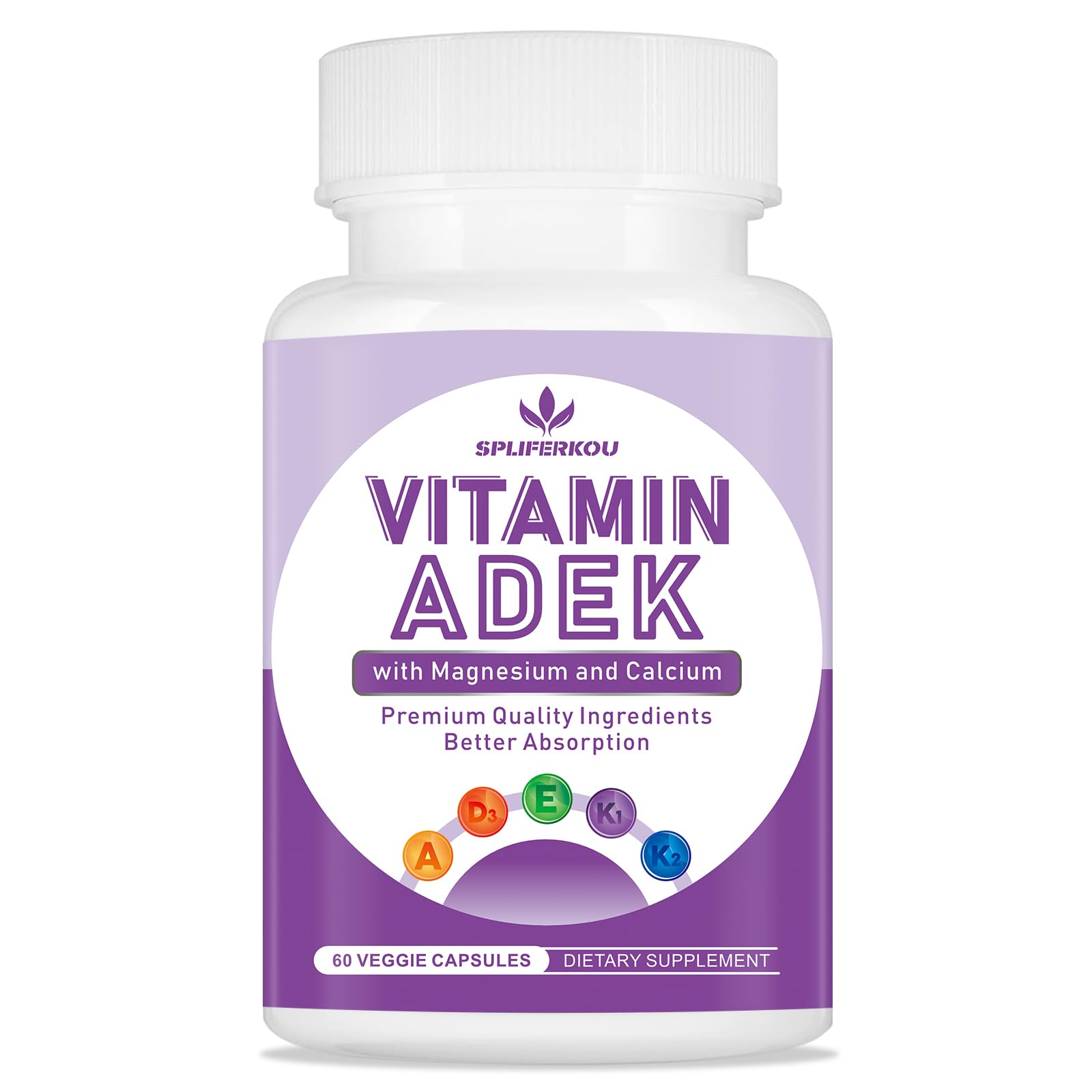 Spliferkou ADEK Vitamins Supplement Vitamin A + Vitamin D3 + Vitamin E + Vitamin K1 + Vitamin K2, ADK Vitamin Supplement with Minerals and Antioxidants, Gluten-Free Capsules, 60 Capsules