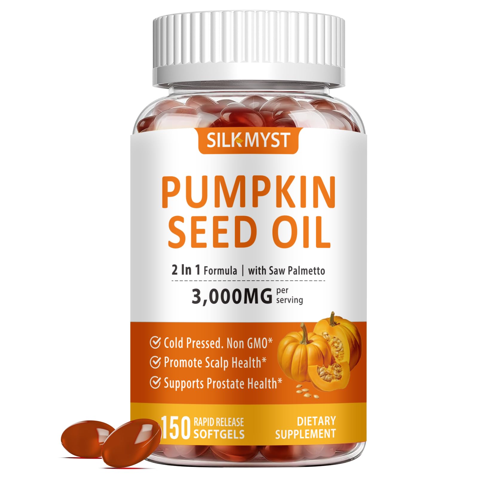 SILKMYST Pumpkin Seed Oil with Saw Palmetto Softgels, 150 Count