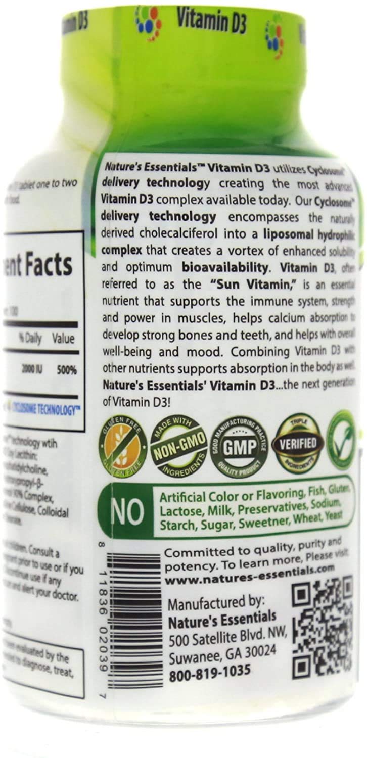 Nature's Essentials Vitamin D3 2000IU Tablet, 100 Count