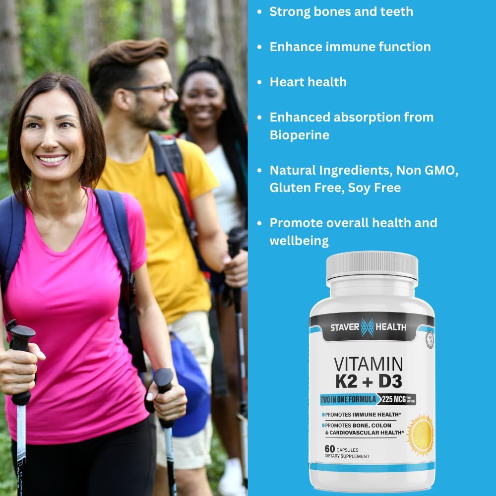 Staver Health Vitamin K2 D3 with Calcium & Bioperine MK-7 Capsule, 60 Count