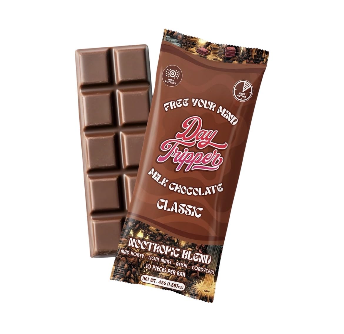 Generic Day Tripper Classic Milk Chocolate Bar Nootropic Blend with Lions Mane, Reishi, Cordyceps Gummies, 1 Count, 45g
