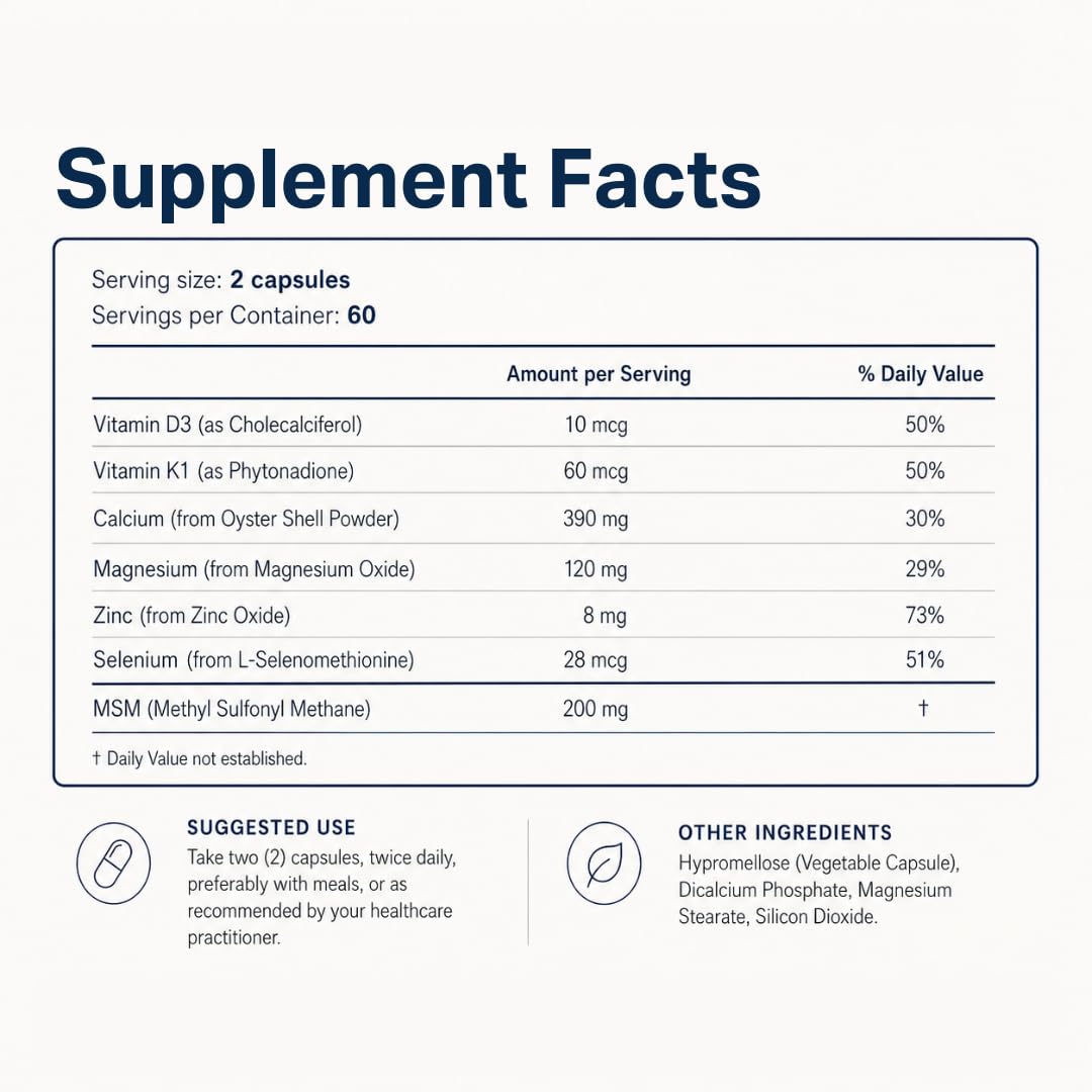 BonStrong Nano Calcium Supplement with MSM 7-in-1 Bone Support Formula with Vitamin D3, K1, Magnesium & Zinc Capsules, 120 Count