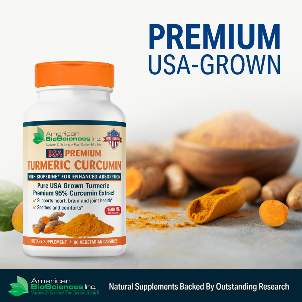 American BioSciences USA Premium Turmeric Curcumin with BioPerine 1500mg - 95% Standardized Curcuminoids & Black Pepper Extract for Enhanced Absorption - Natural Joint Support Capsules, 90