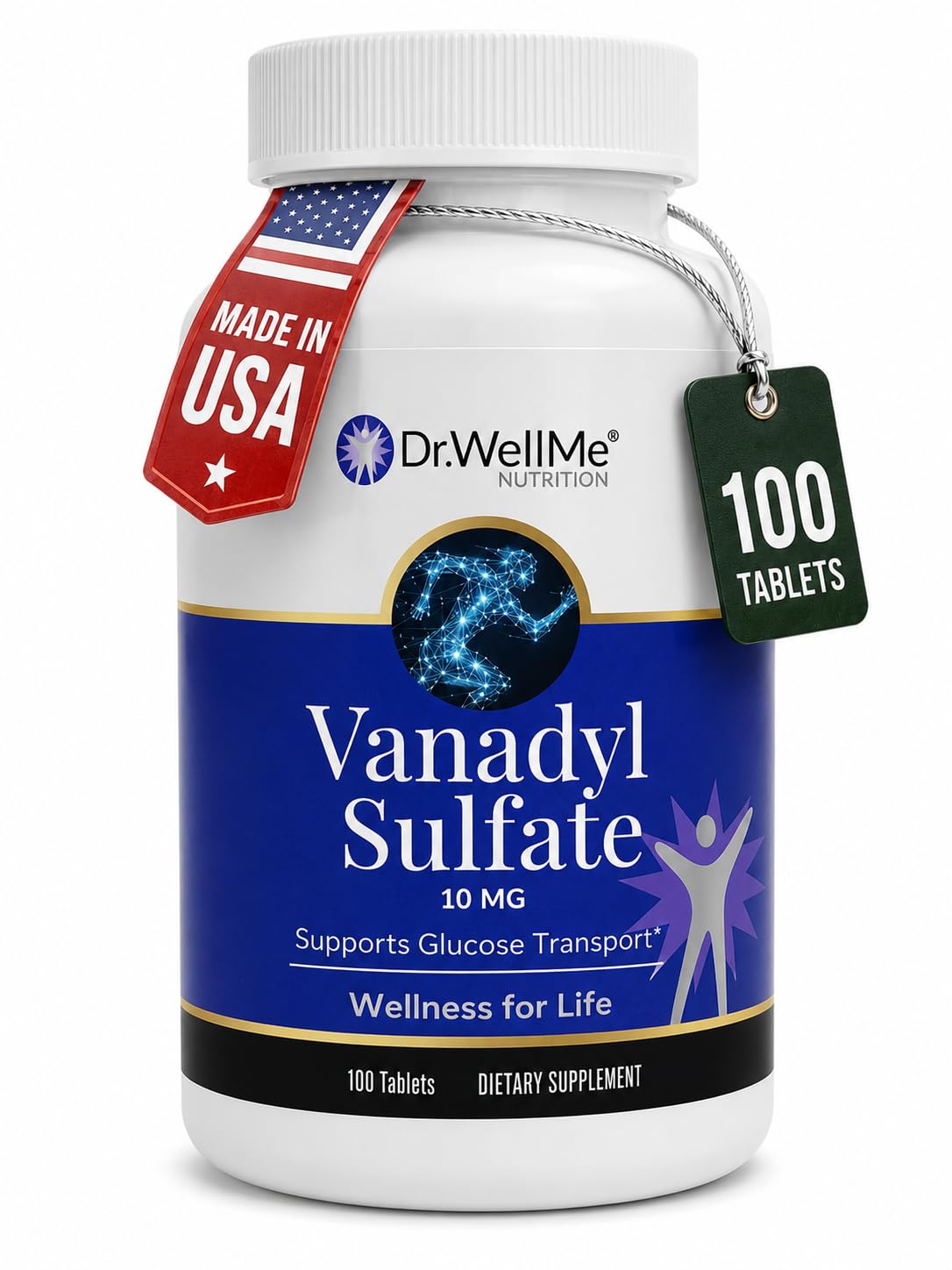 DR WELLME NUTRITION Vanadyl Sulfate 10mg Supplement, Healthy Blood Sugar & Glucose Metabolism Formula, Vanadium Supplement for Energy Levels, Non-GMO, Gluten Free, 100 Tablets