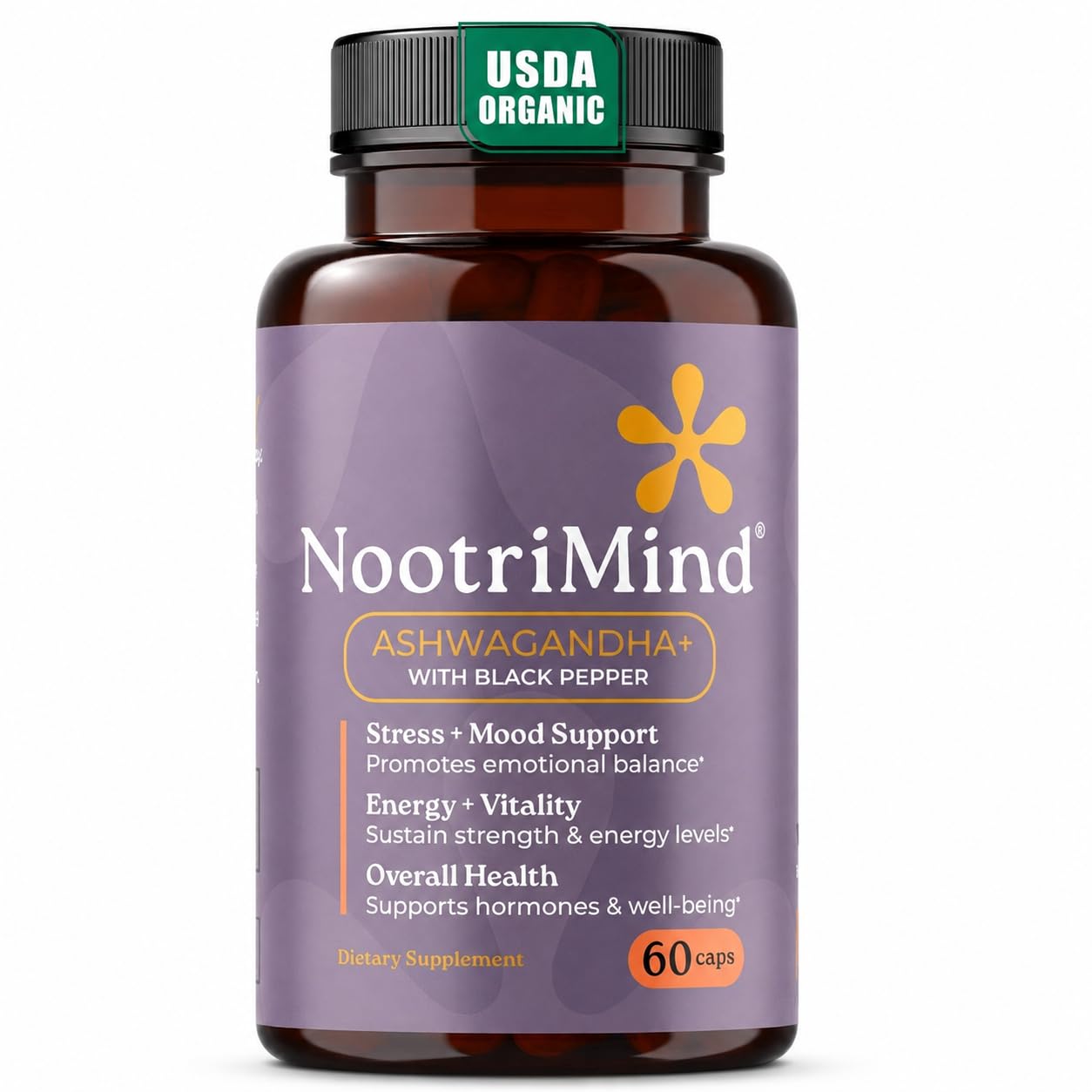 nootrimind Organic Ashwagandha Capsules 1300mg Daily Serving (Withania Somnifera) with Black Pepper – Root Powder + Extract – Relaxation & Mood Support – Vegan, Non-GMO, 60 Capsules