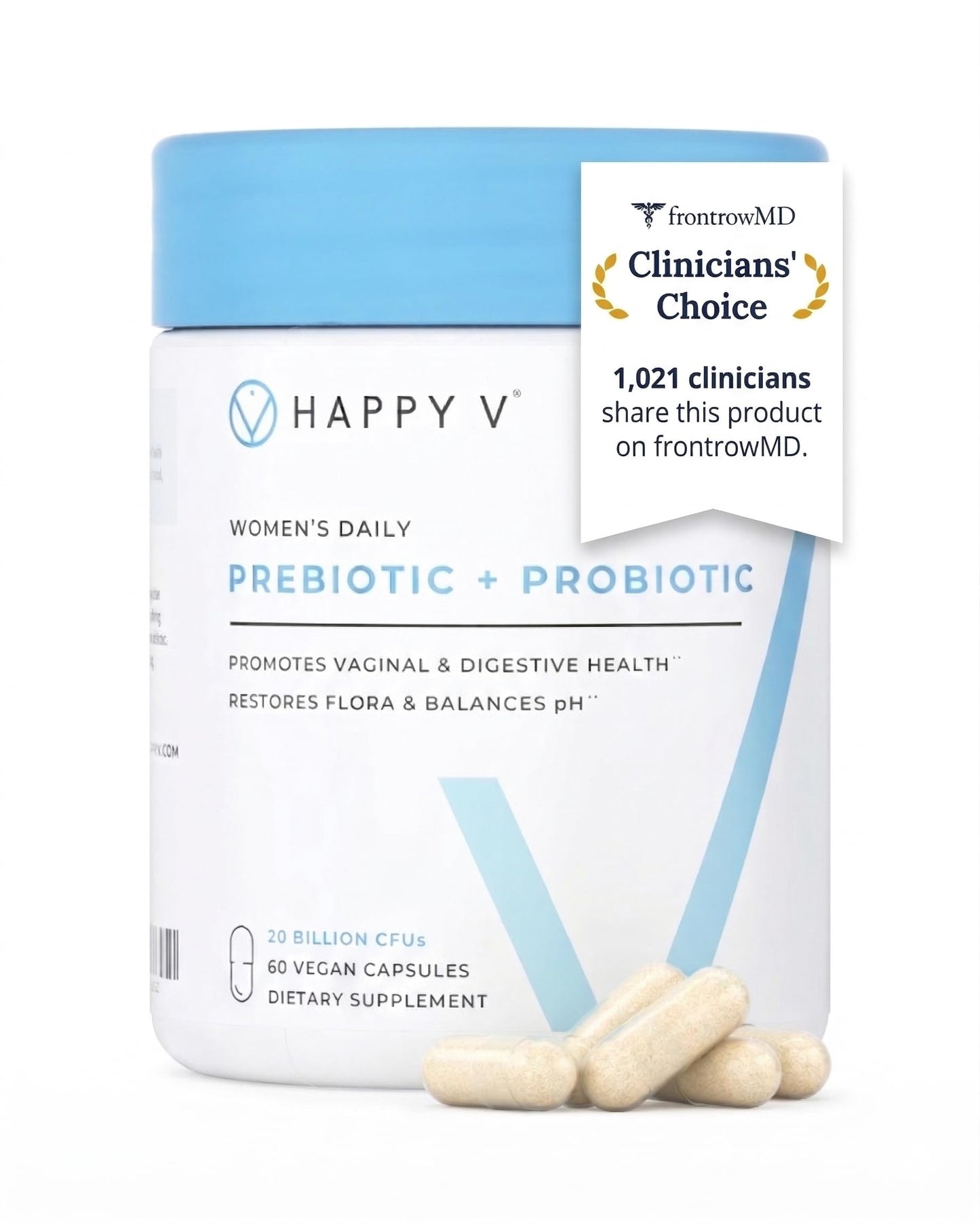 Happy V Dr. Formulated Vaginal Probiotics for Women Odor & Itch Support, Urinary & Gut Health, pH Balance Capsule 60 Count