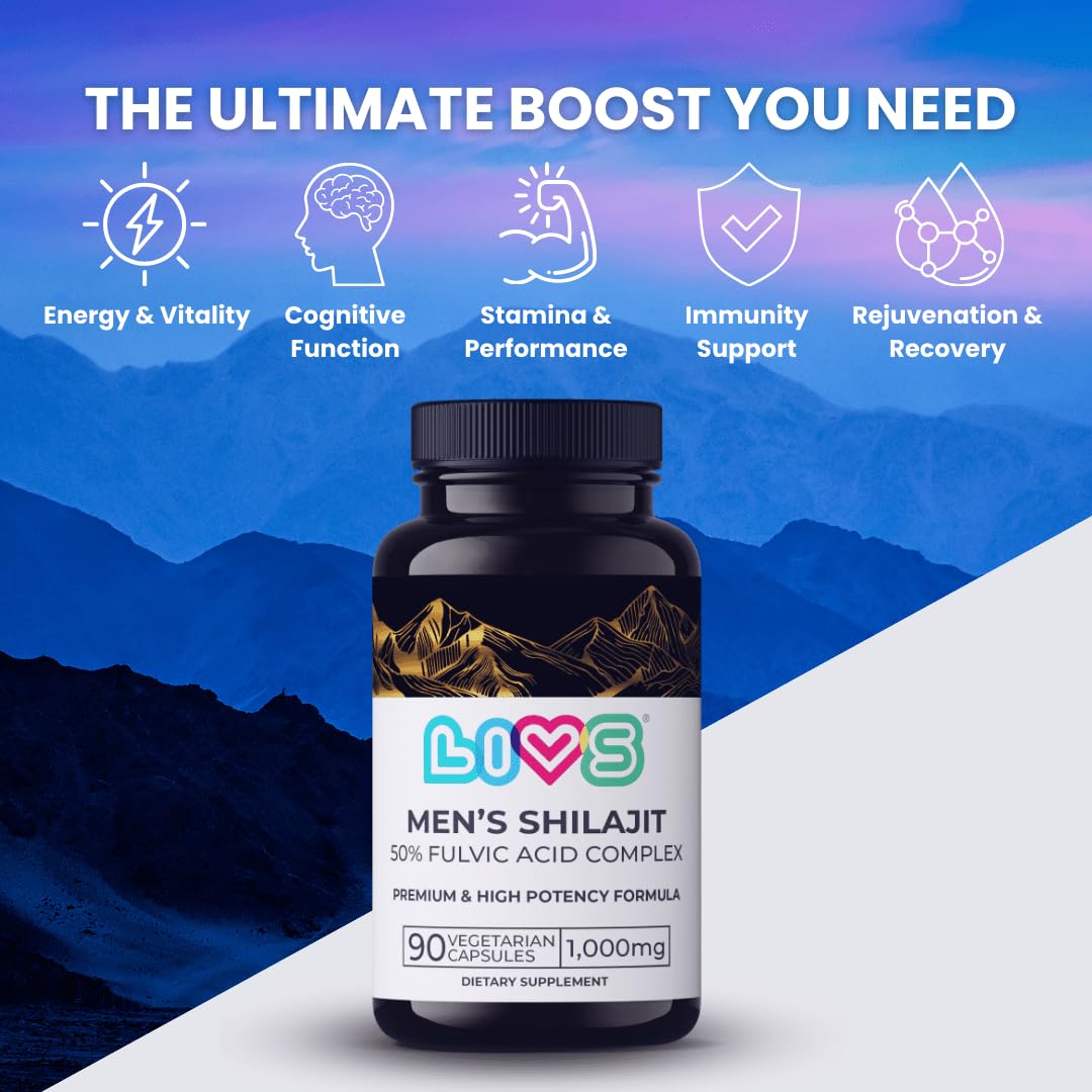 LIVS Himalayan Shilajit for Men 1000mg per Serving with 50% Fulvic Acid, 180 Capsules