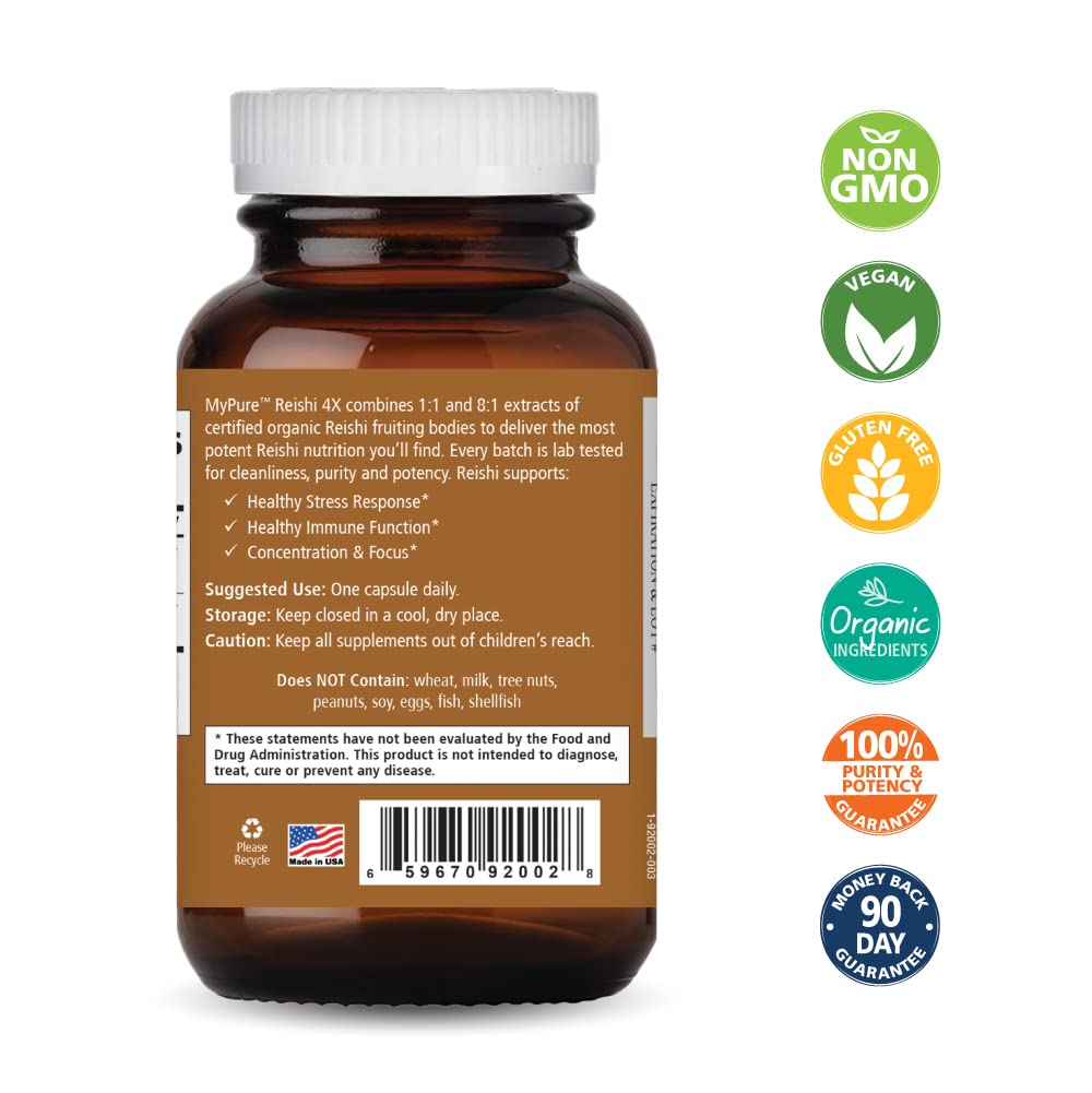 PURE ESSENCE LABS MyPure Reishi 4X Organic Mushrooms Supplement Capsule 60 Count