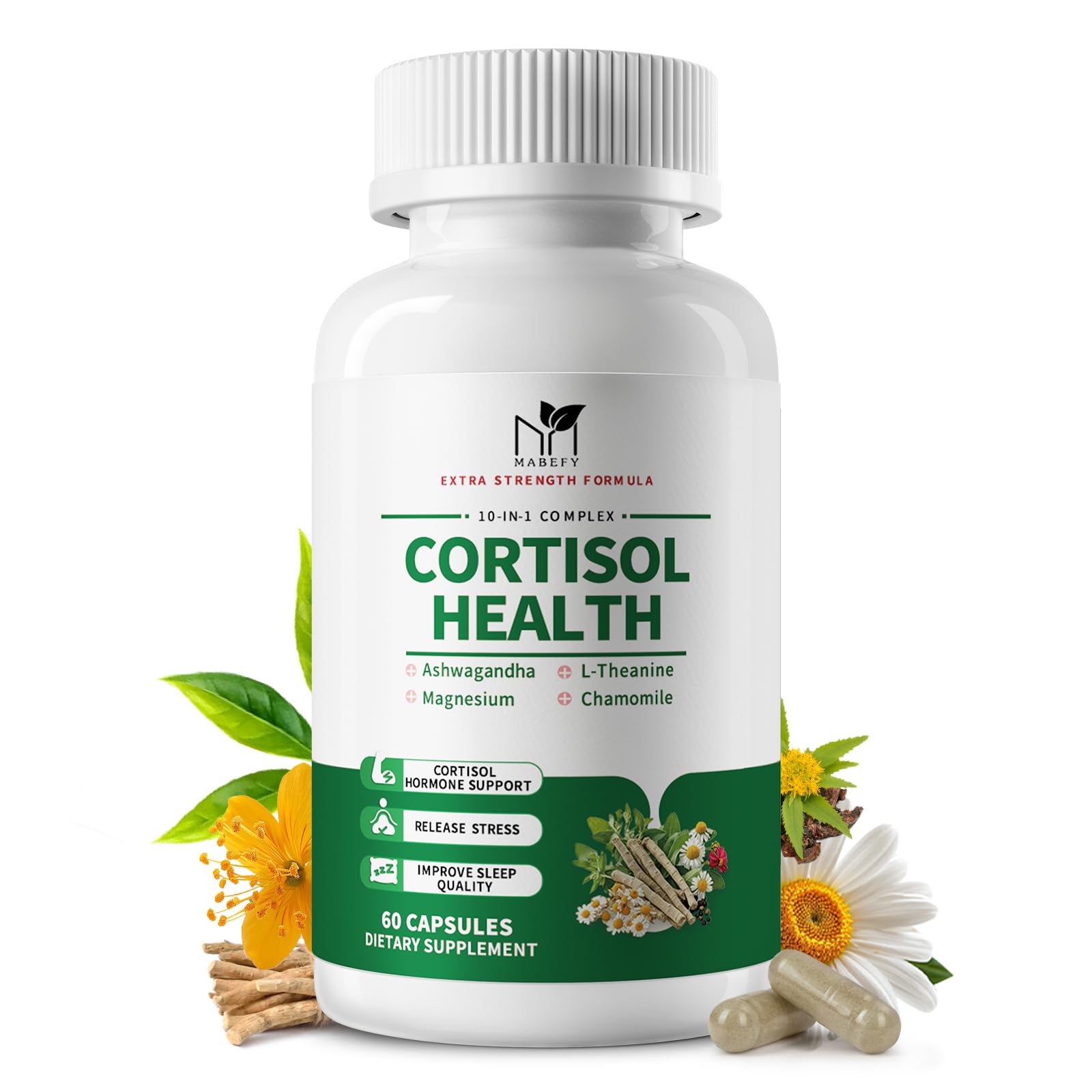 MABEFY Cortisol Supplements for Women/Men - 10 in 1 Cortisol Manager Reducer Lower Detox Balance with Magnesium, Ashwagandha, L-Theanine for Stress, Sleep, Calm, Mood Support, 60 Capsules