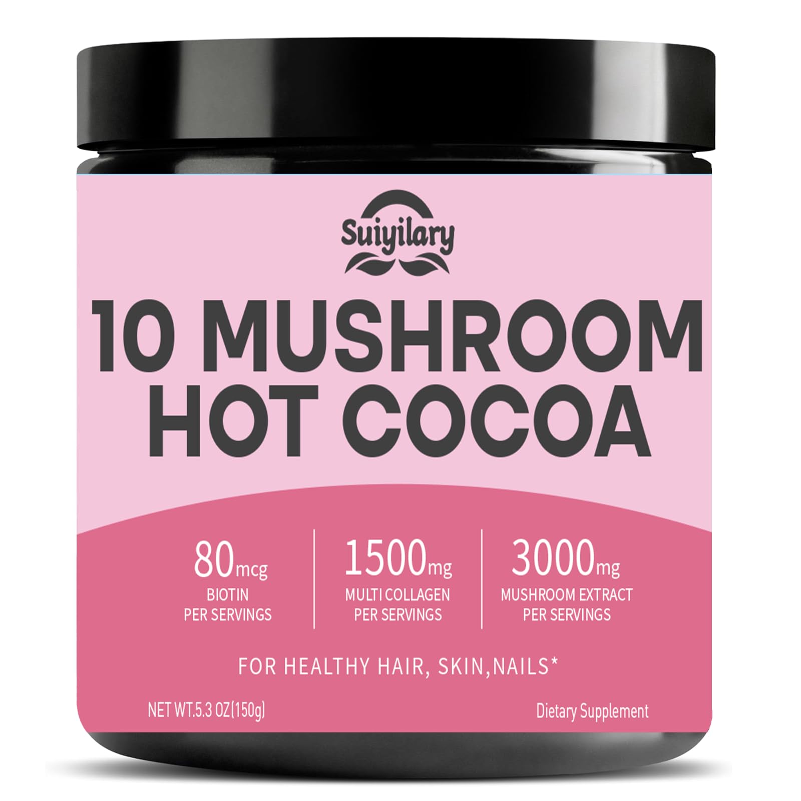 Suiyilary 10 Mushroom Hot Cocoa with Collagen 1500mg & Biotin 80mcg Powder, 5.3 oz