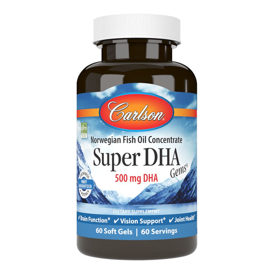 Carlson Super DHA Gems Softgels, 500 mg DHA, Norwegian Fish Oil, Wild-Caught, Sustainably Sourced, Cognitive Health, 60 Softgels
