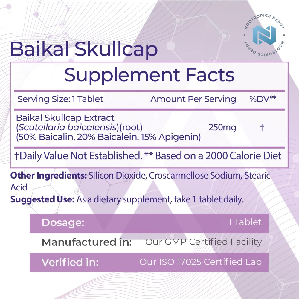 Nootropics Depot Baikal Skullcap Extract 250mg Tablets 120 Count