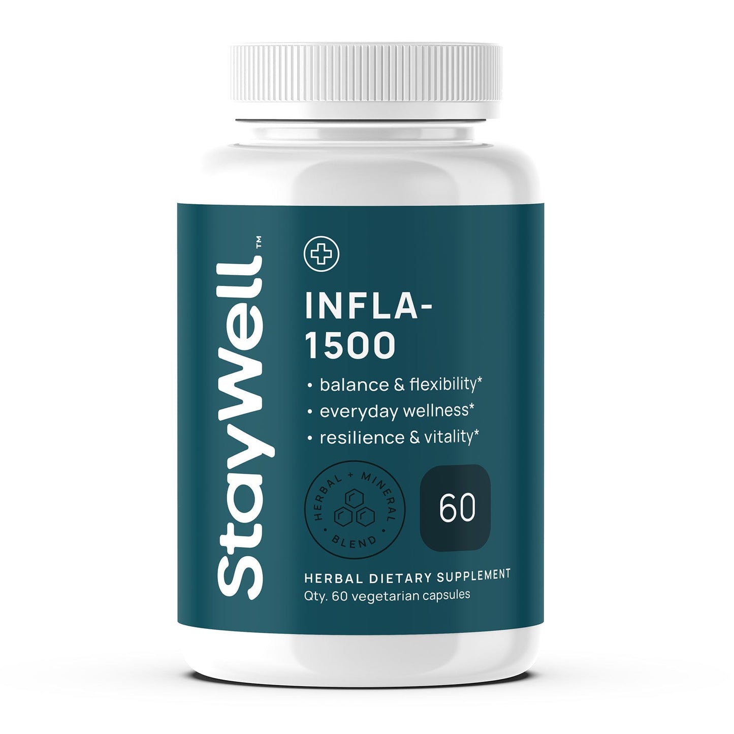 Stay-Well Naturals Infla-1500 All-Natural Relief Supplement Extract Blend with Turmeric, White Willow Bark, Ashwagandha, Ginger, Boswellia, Bromelain, Omega-3 and Magnesium, 60 Capsules