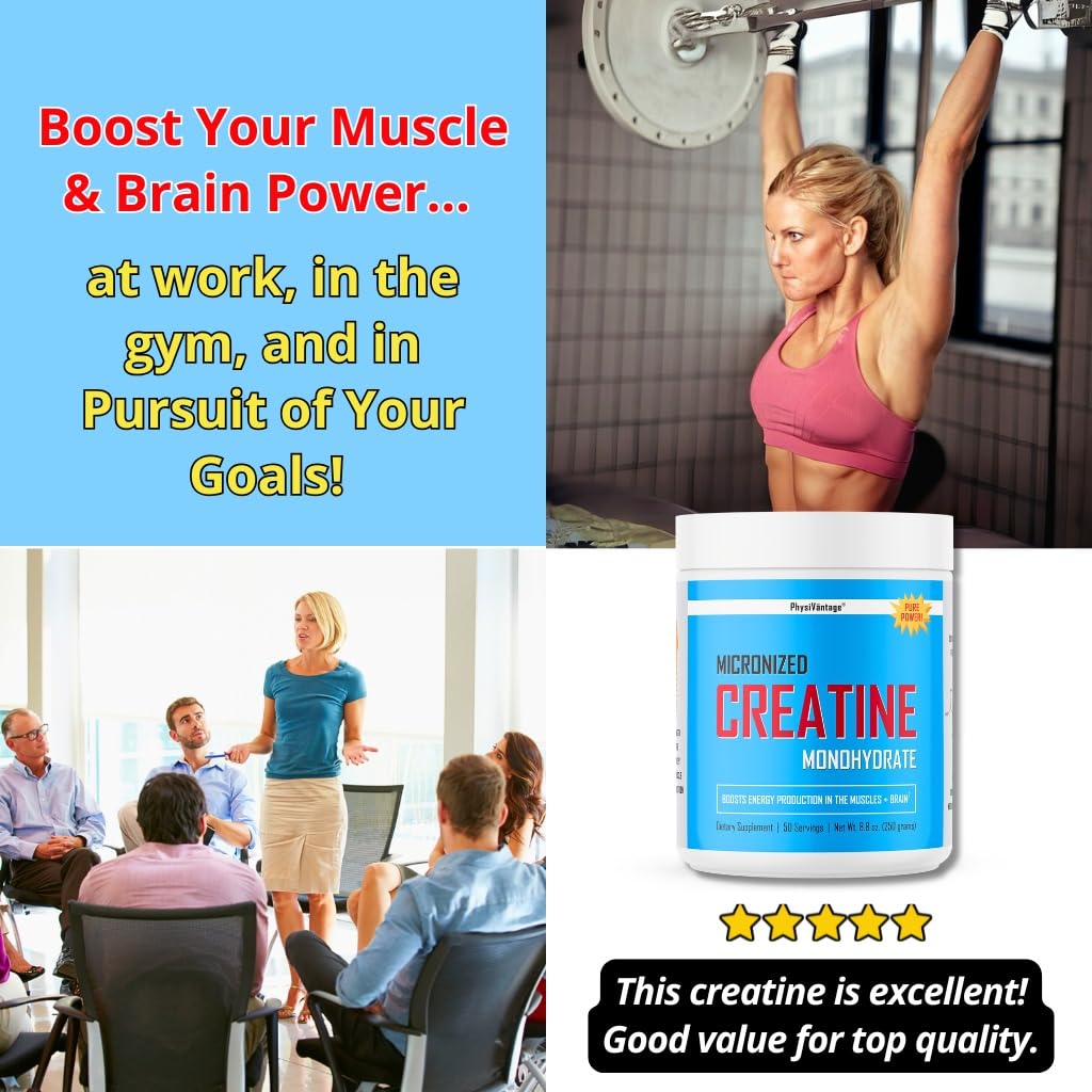 PhysiVantage Creatine Monohydrate – Pure Micronized 5g Dose Powder, 8.8 oz