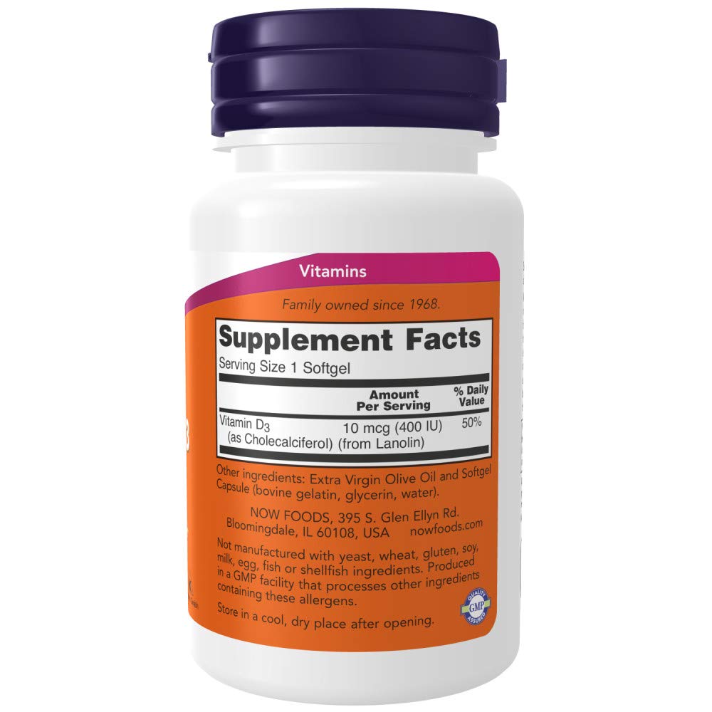 NOW Foods Vitamin D-3 400 IU Softgels, 180 Softgels