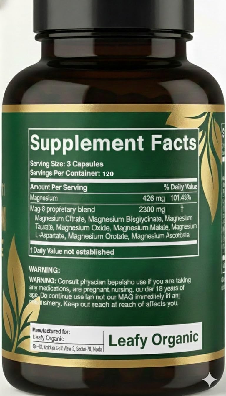 Leafy Organic Magnesium Glycinate 8 in 1 Complex Supplement Capsules 120 Count