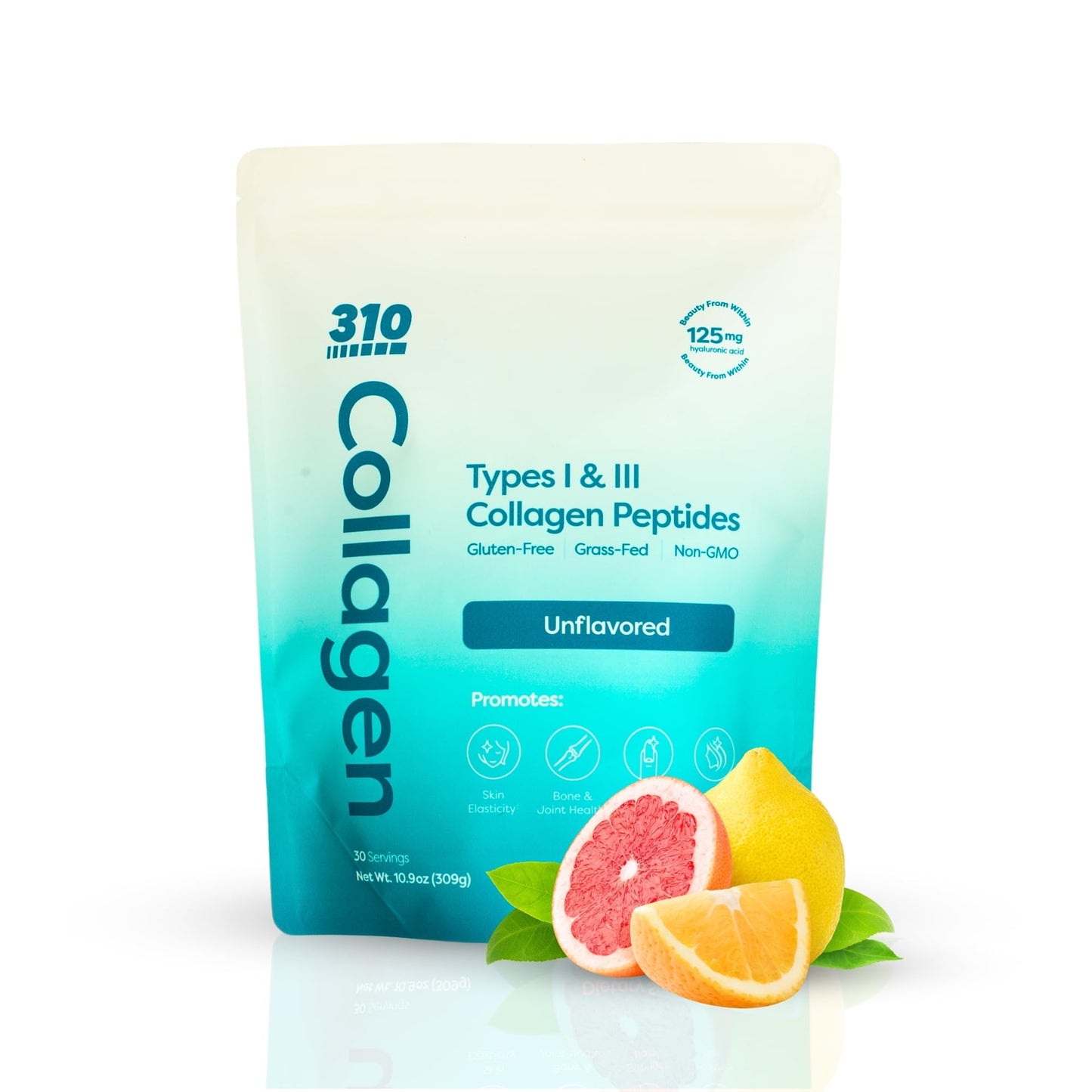 310 Nutrition Hydrolyzed Collagen Peptides Powder - Grass-Fed Collagen Supplement with Hyaluronic Acid, Resveratrol, Vitamin C, D & E for Skin, Hair and Nails - 10.9 oz