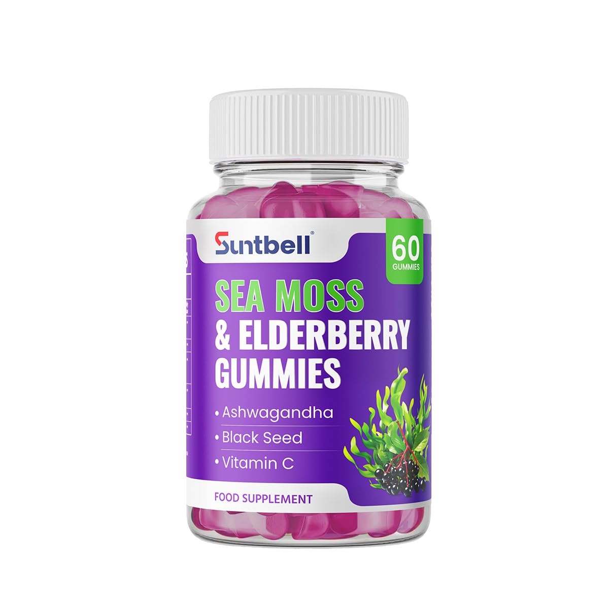 Suntbell Sea Moss Gummies, Immune Support with Elderberry, Ashwagandha, Zinc & Vitamin C, Vegan, Grape Flavor, 60 Gummies